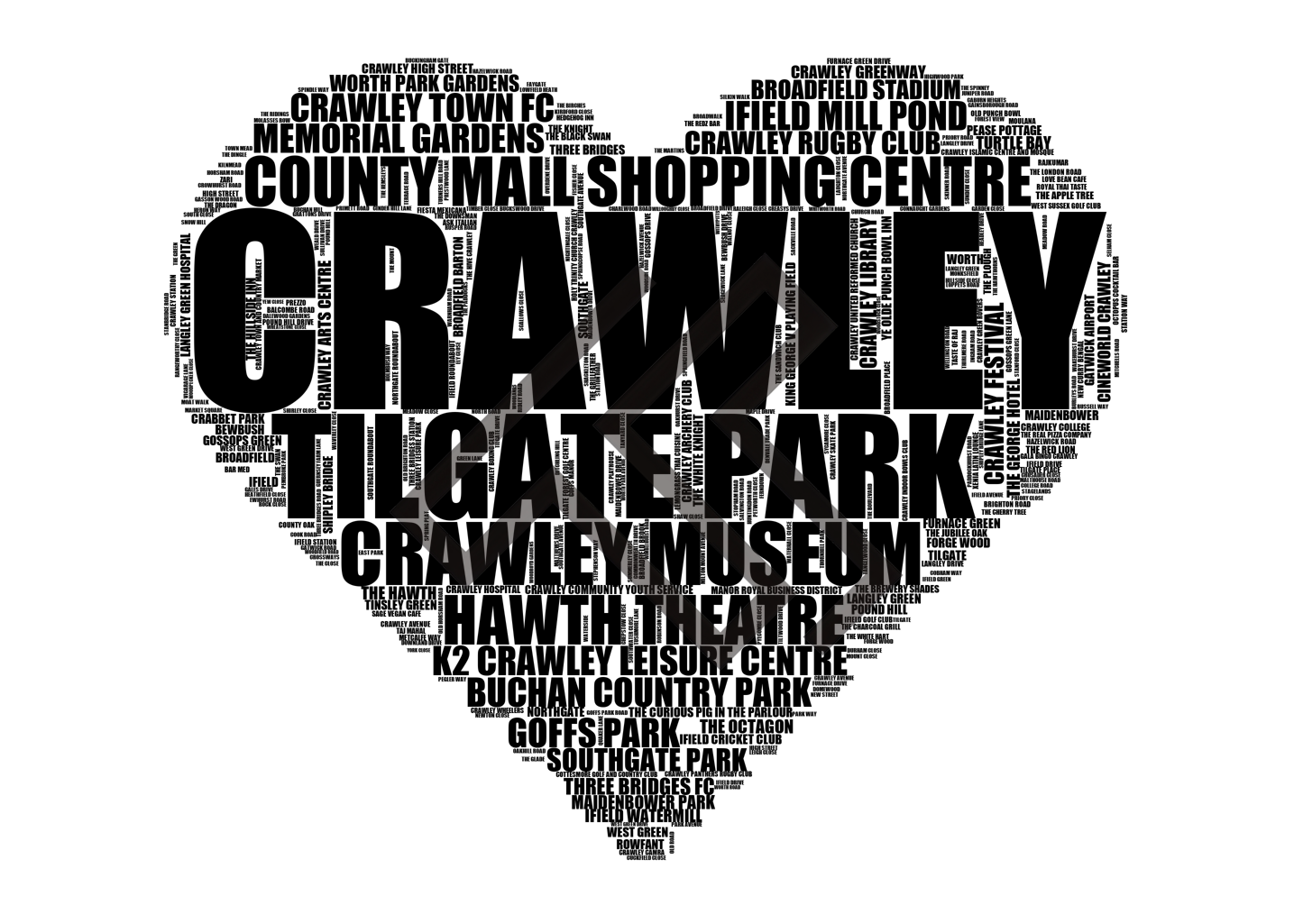 Crawley - Premium Typographic Word Cloud Prints, Posters & Gifts