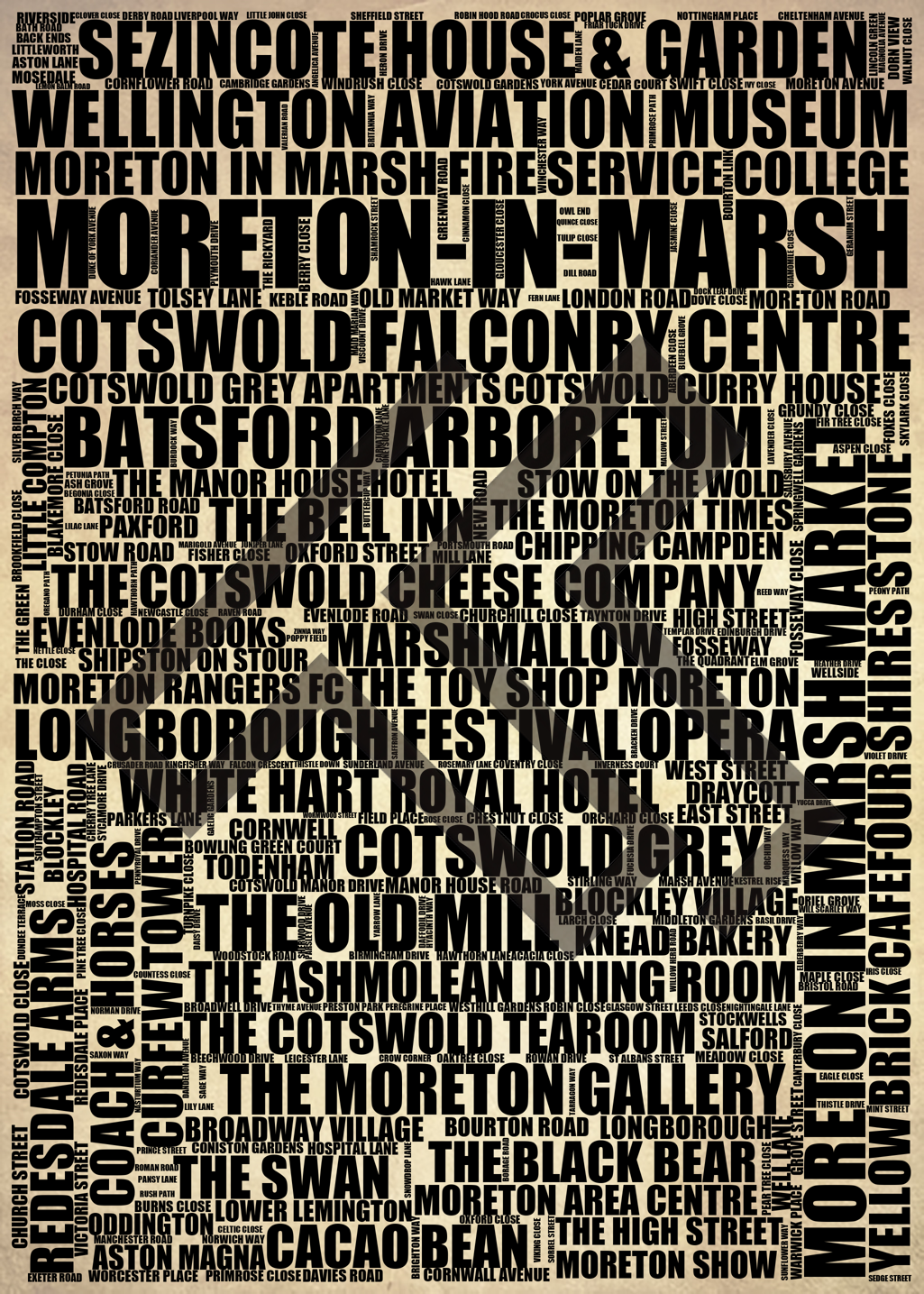 Moreton-in-Marsh - Premium Typographic Word Cloud Prints, Posters & Gifts