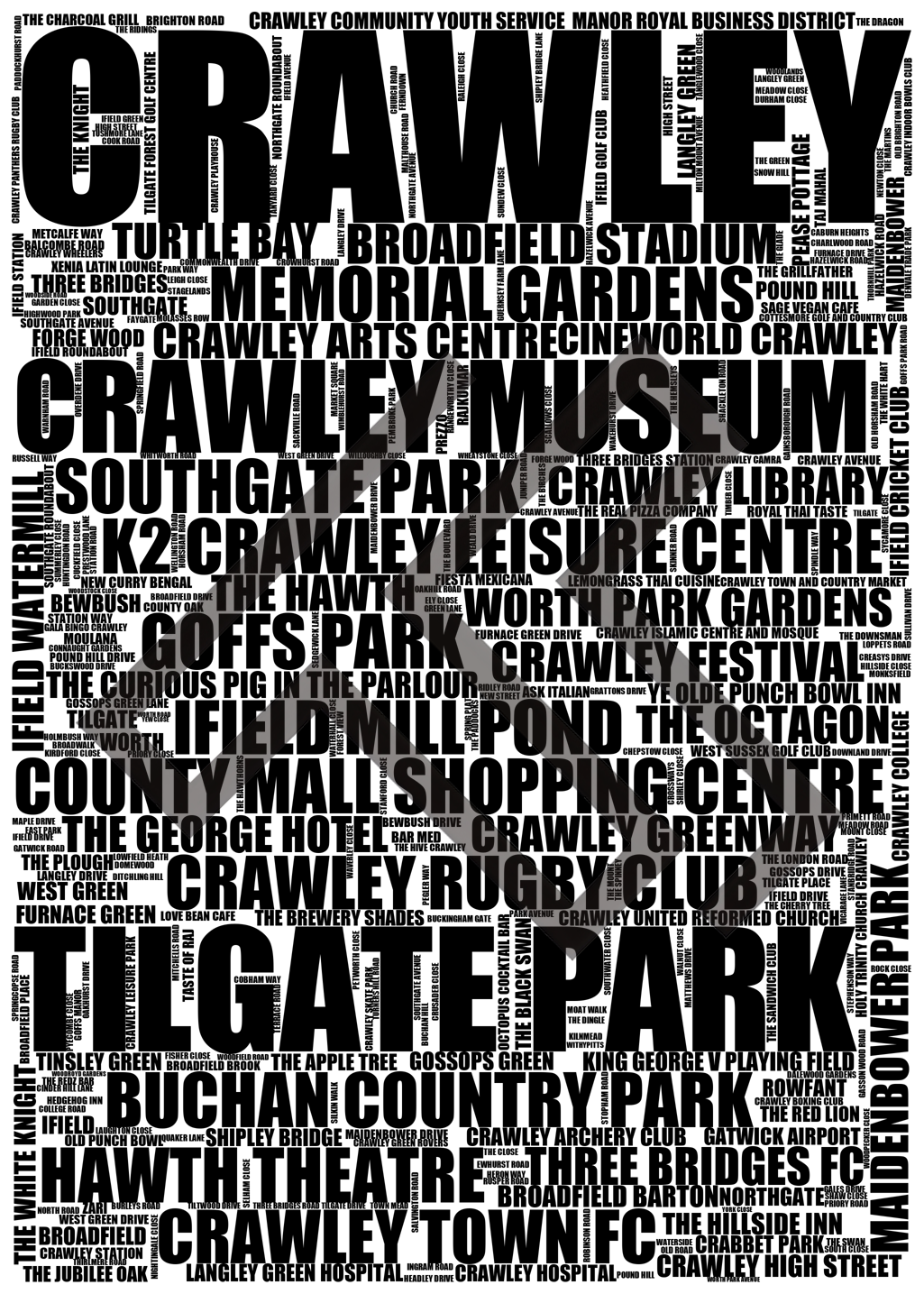 Crawley - Premium Typographic Word Cloud Prints, Posters & Gifts