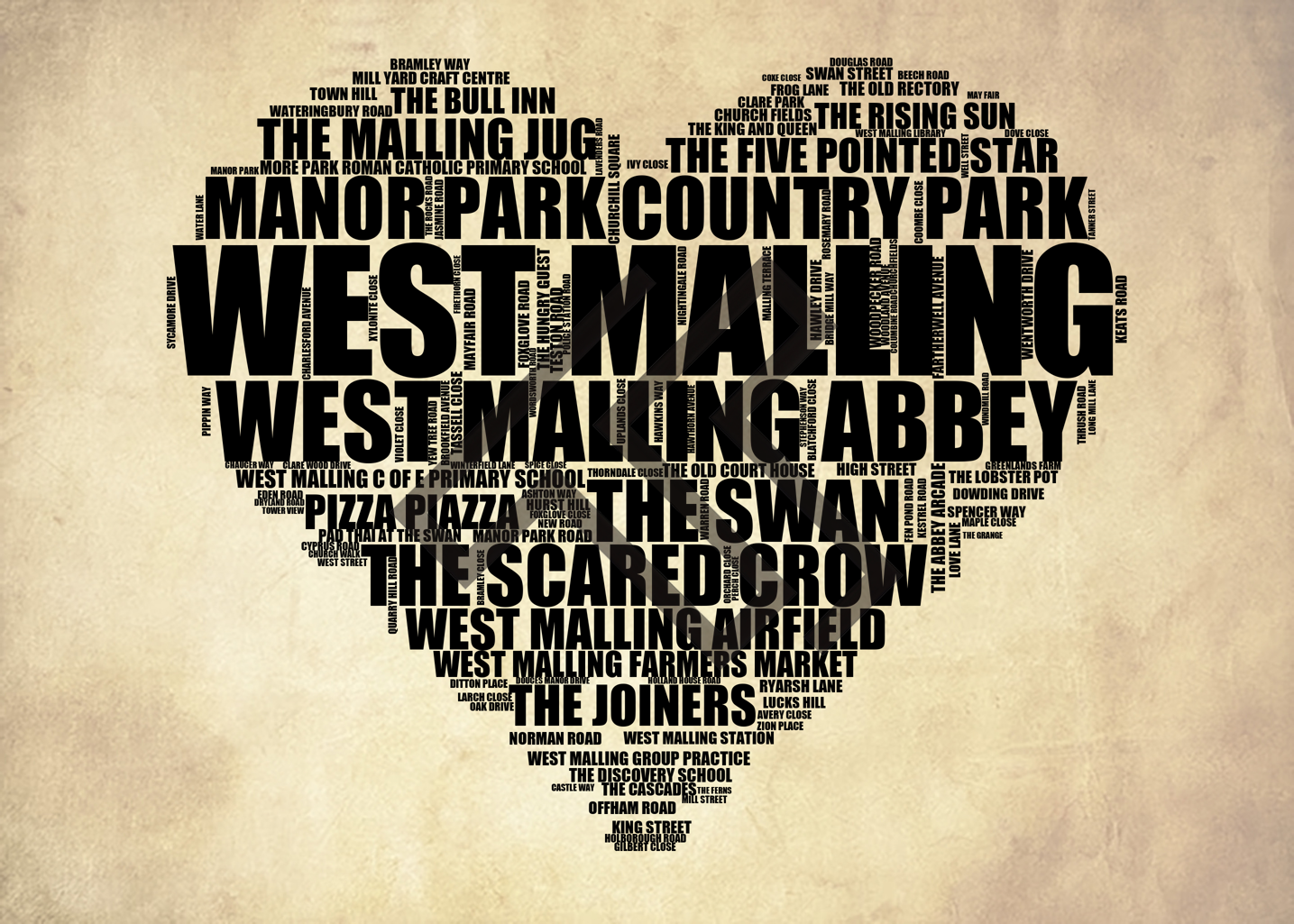 West Malling - Premium Typographic Word Cloud Prints, Posters & Gifts