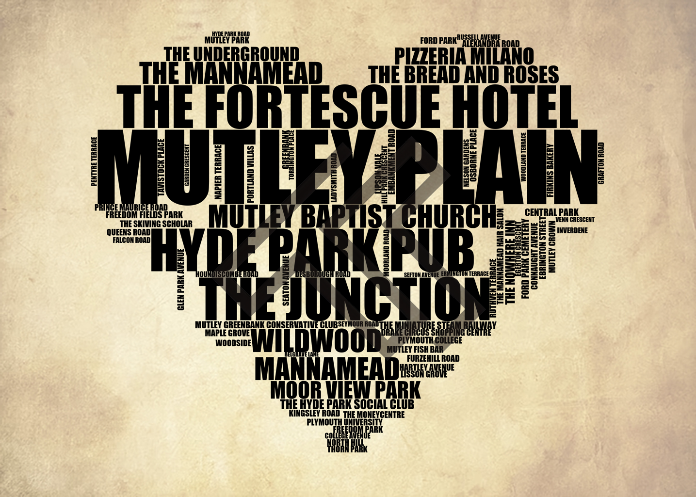 Mutley Plain - Premium Typographic Word Cloud Prints, Posters & Gifts