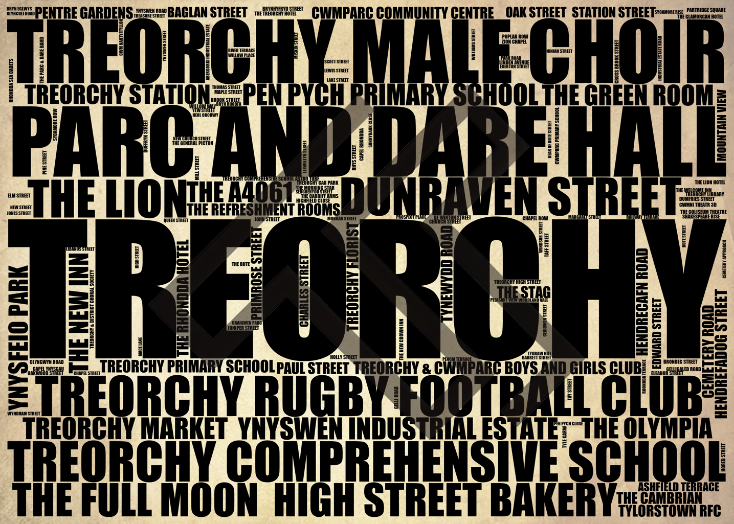 Treorchy - Premium Typographic Word Cloud Prints, Posters & Gifts