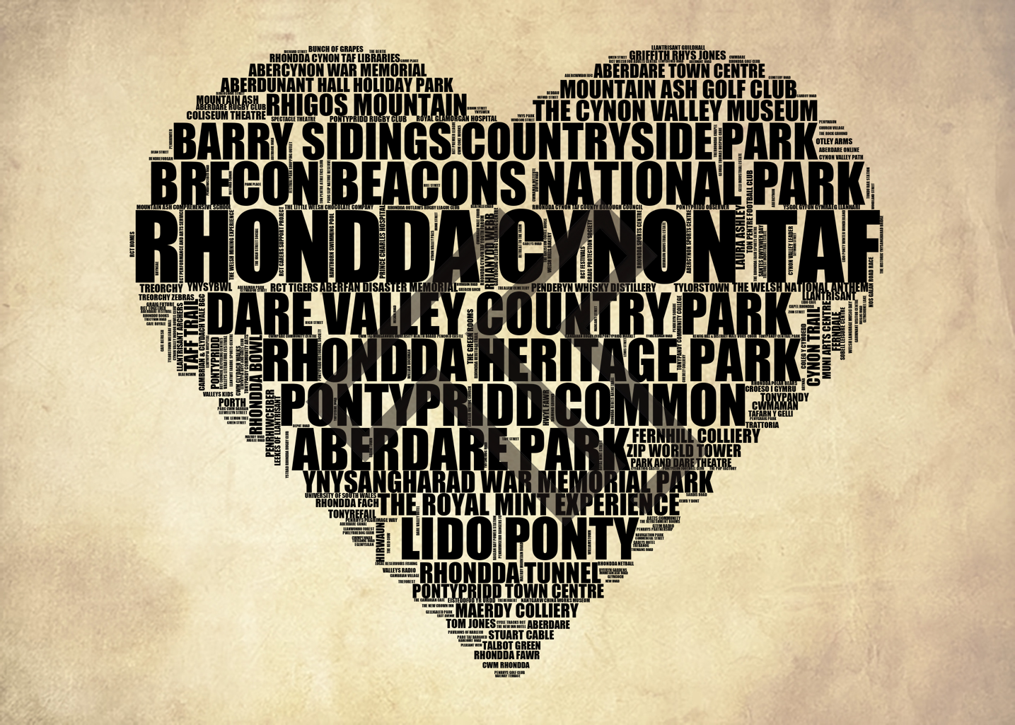 Rhondda Cynon Taf - Premium Typographic Word Cloud Prints, Posters & Gifts