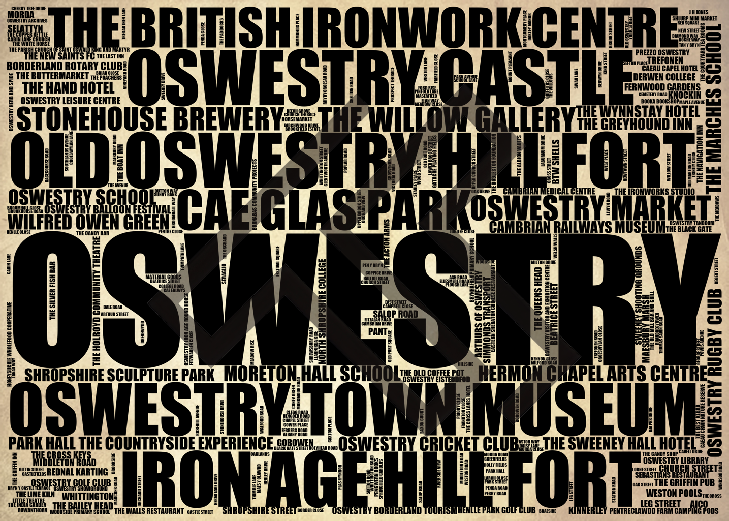 Oswestry - Premium Typographic Word Cloud Prints, Posters & Gifts