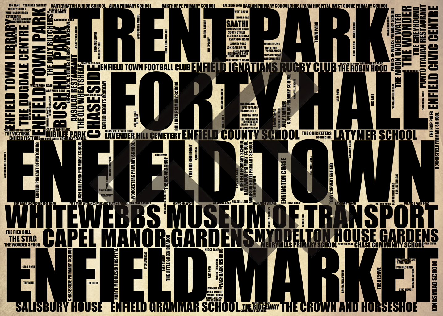 Enfield Town - Premium Typographic Word Cloud Prints, Posters & Gifts