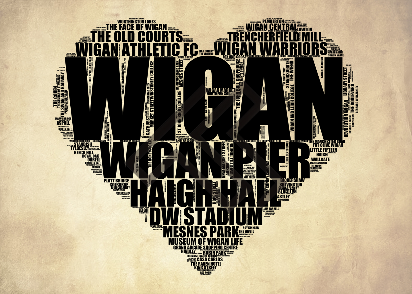 Wigan - Premium Typographic Word Cloud Prints, Posters & Gifts