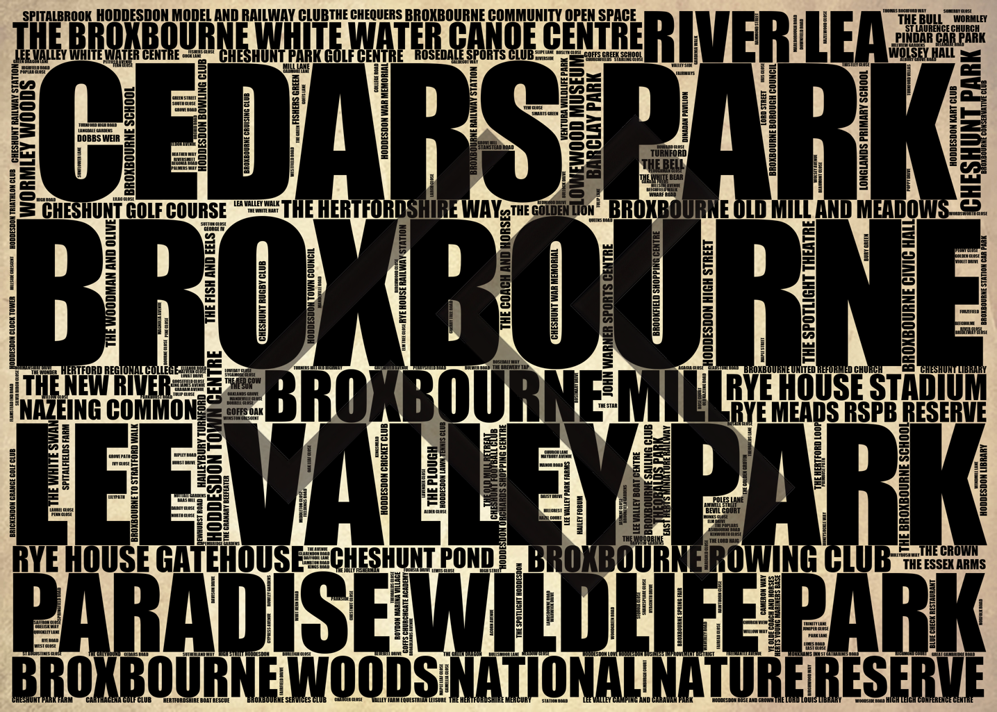 Broxbourne - Premium Typographic Word Cloud Prints, Posters & Gifts