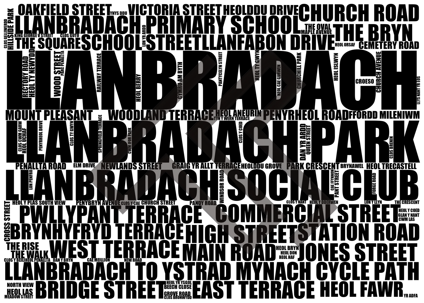 Llanbradach - Premium Typographic Word Cloud Prints, Posters & Gifts