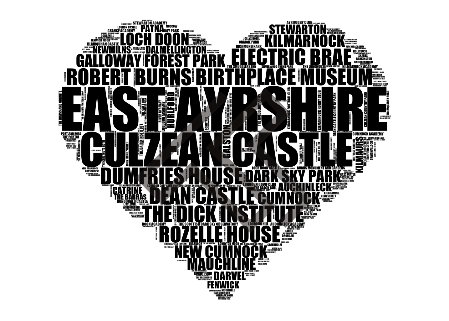 East Ayrshire - Premium Typographic Word Cloud Prints, Posters & Gifts