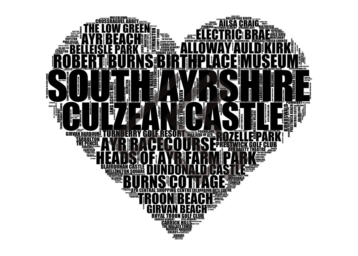 South Ayrshire - Premium Typographic Word Cloud Prints, Posters & Gifts