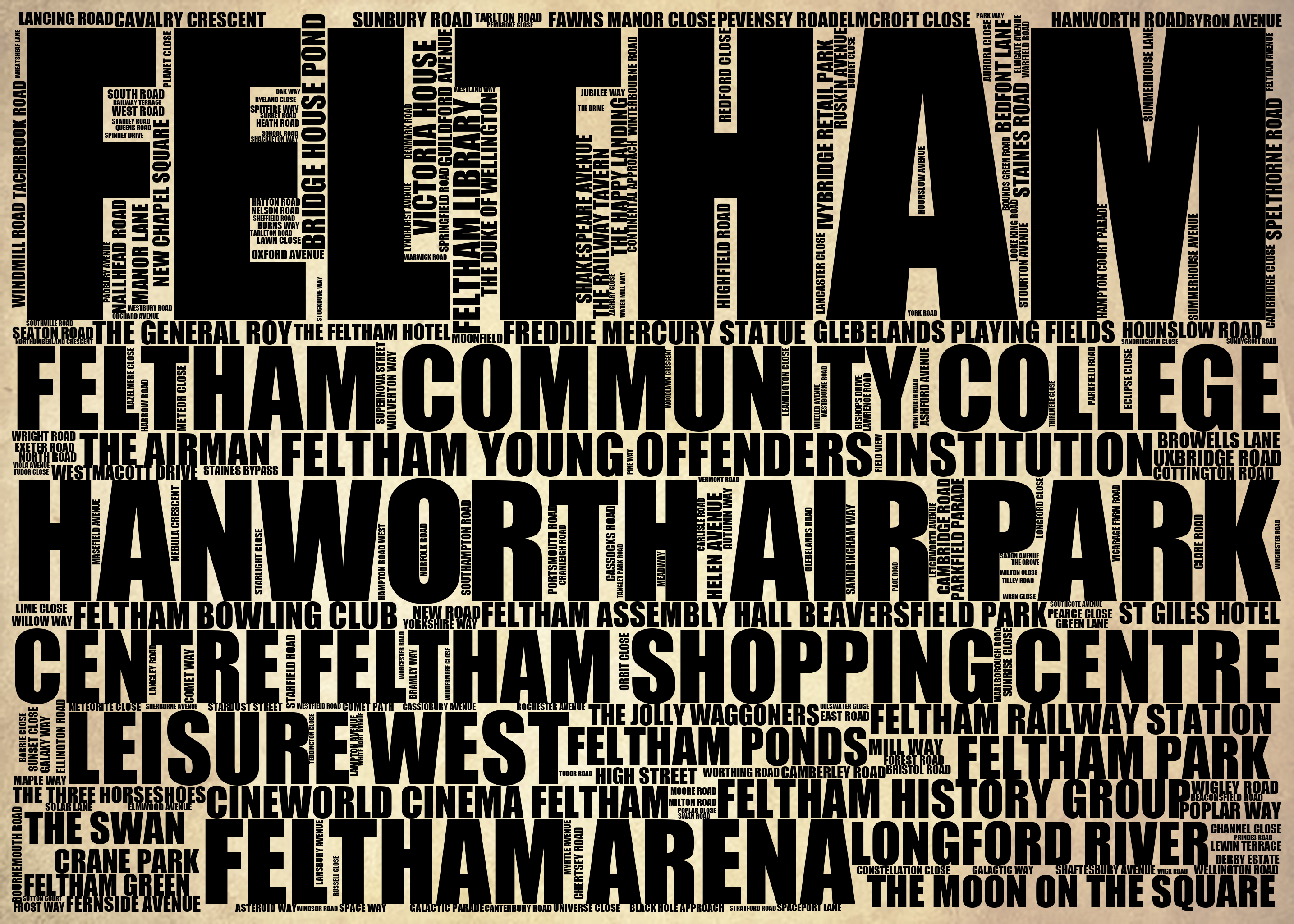 Feltham - Premium Typographic Word Cloud Prints, Posters & Gifts