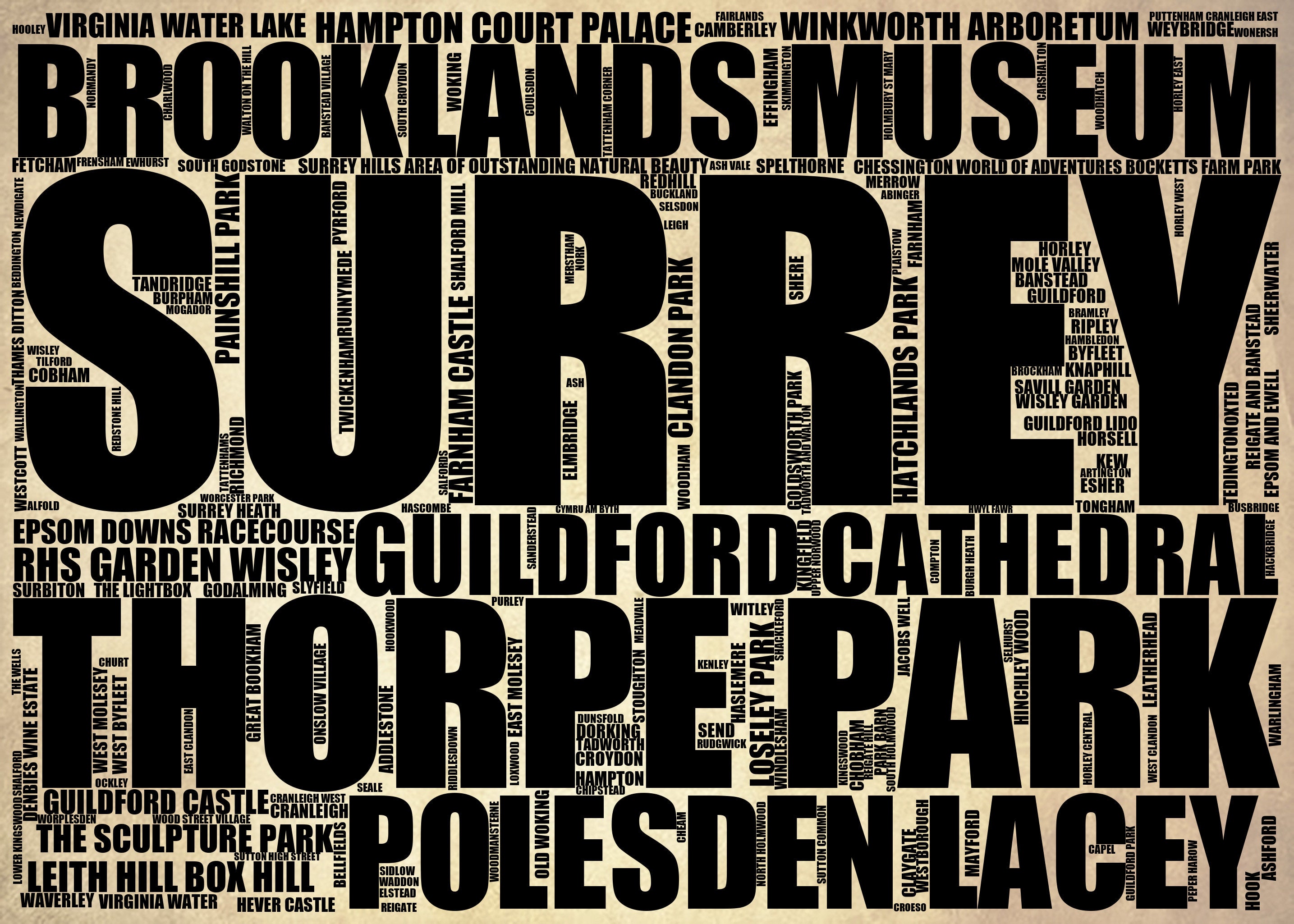 Surrey - Premium Typographic Word Cloud Prints, Posters & Gifts