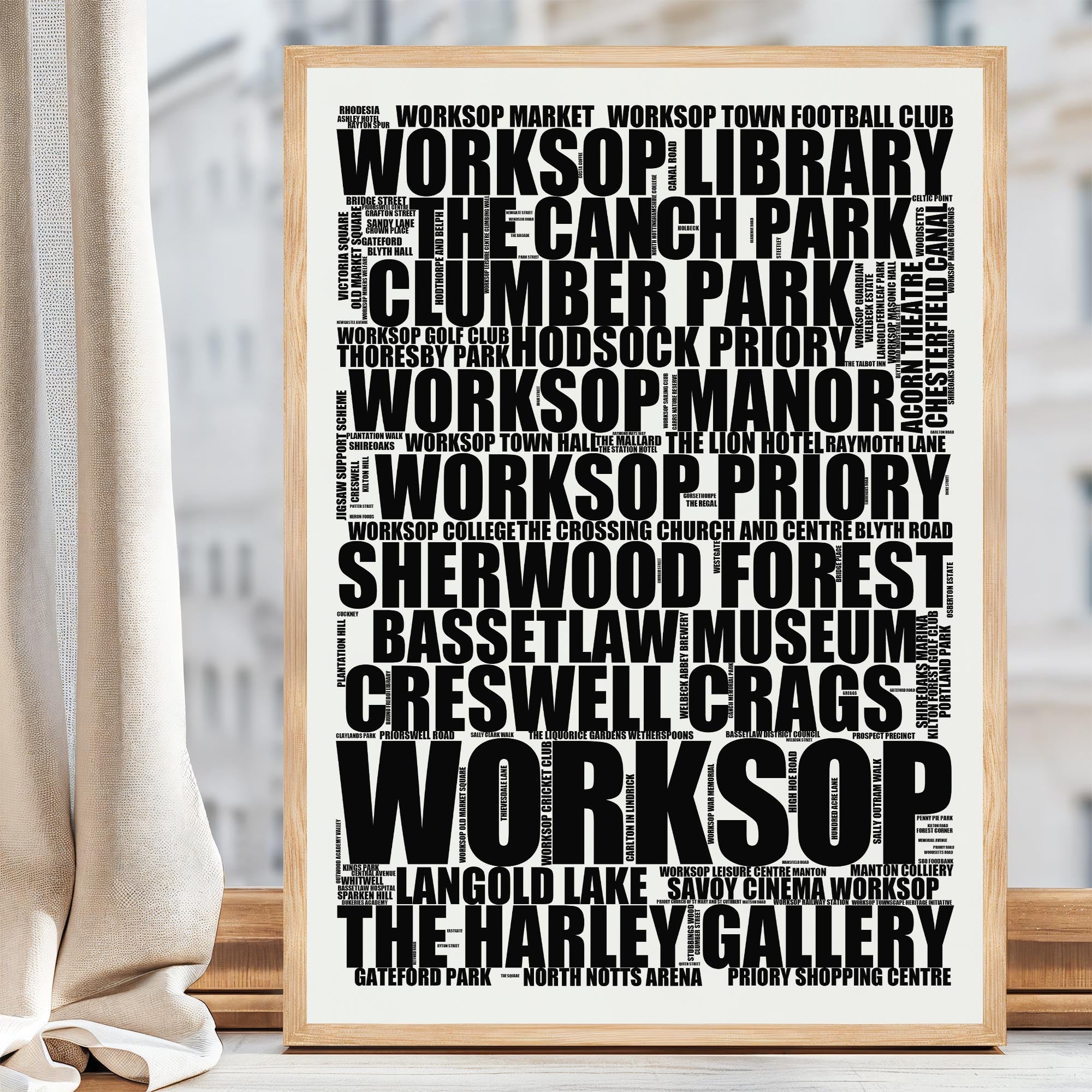 Worksop - Premium Typographic Word Cloud Prints, Posters & Gifts