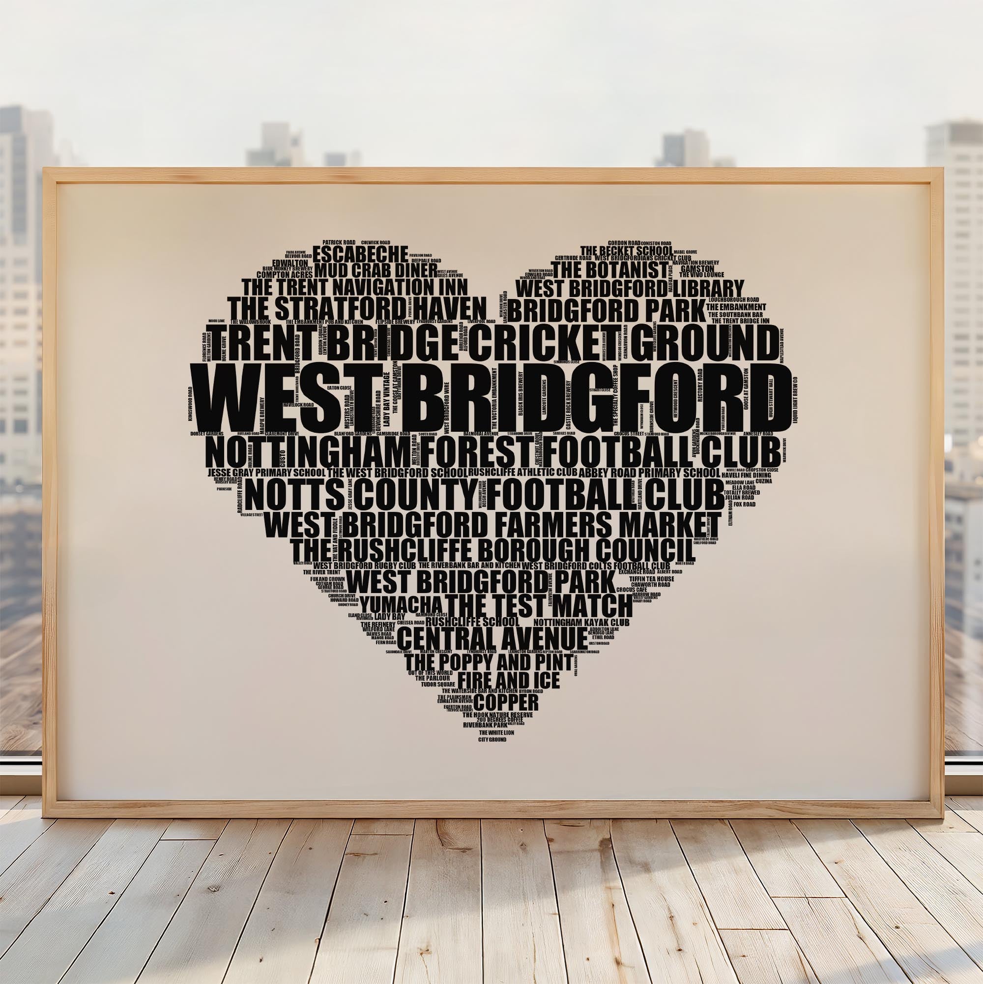 West Bridgford - Premium Typographic Word Cloud Prints, Posters & Gifts