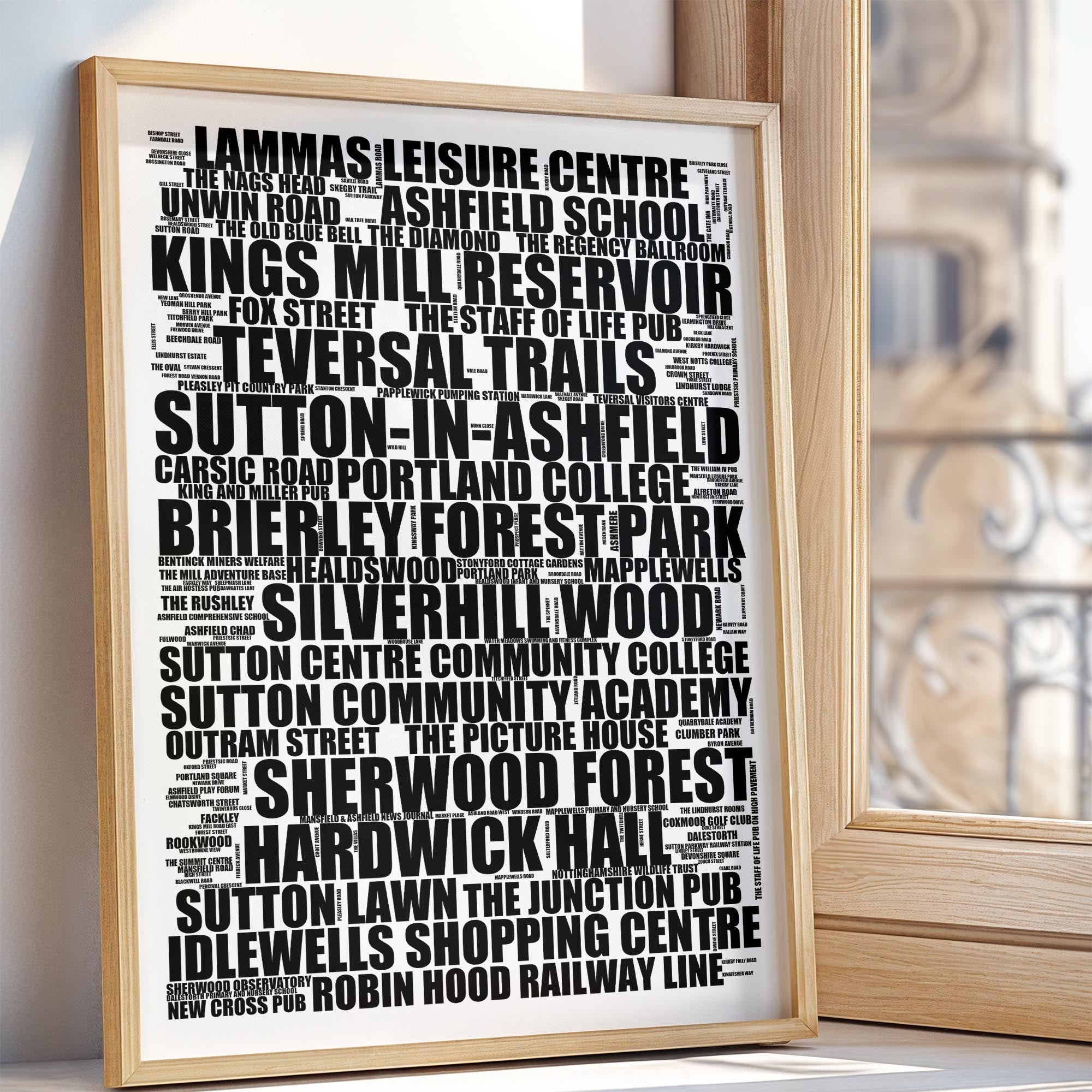 Sutton-in-Ashfield - Premium Typographic Word Cloud Prints, Posters & Gifts