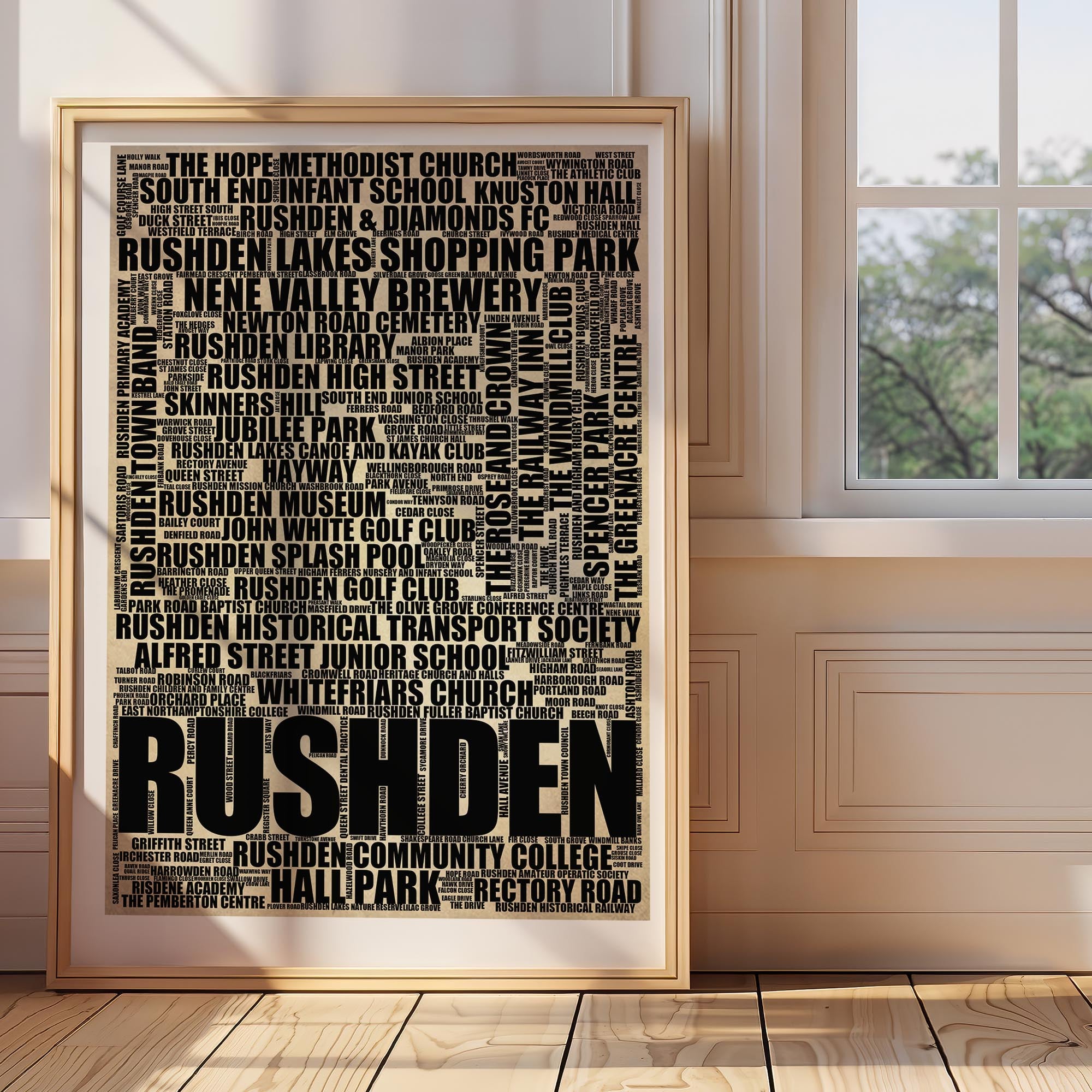 Rushden - Premium Typographic Word Cloud Prints, Posters & Gifts