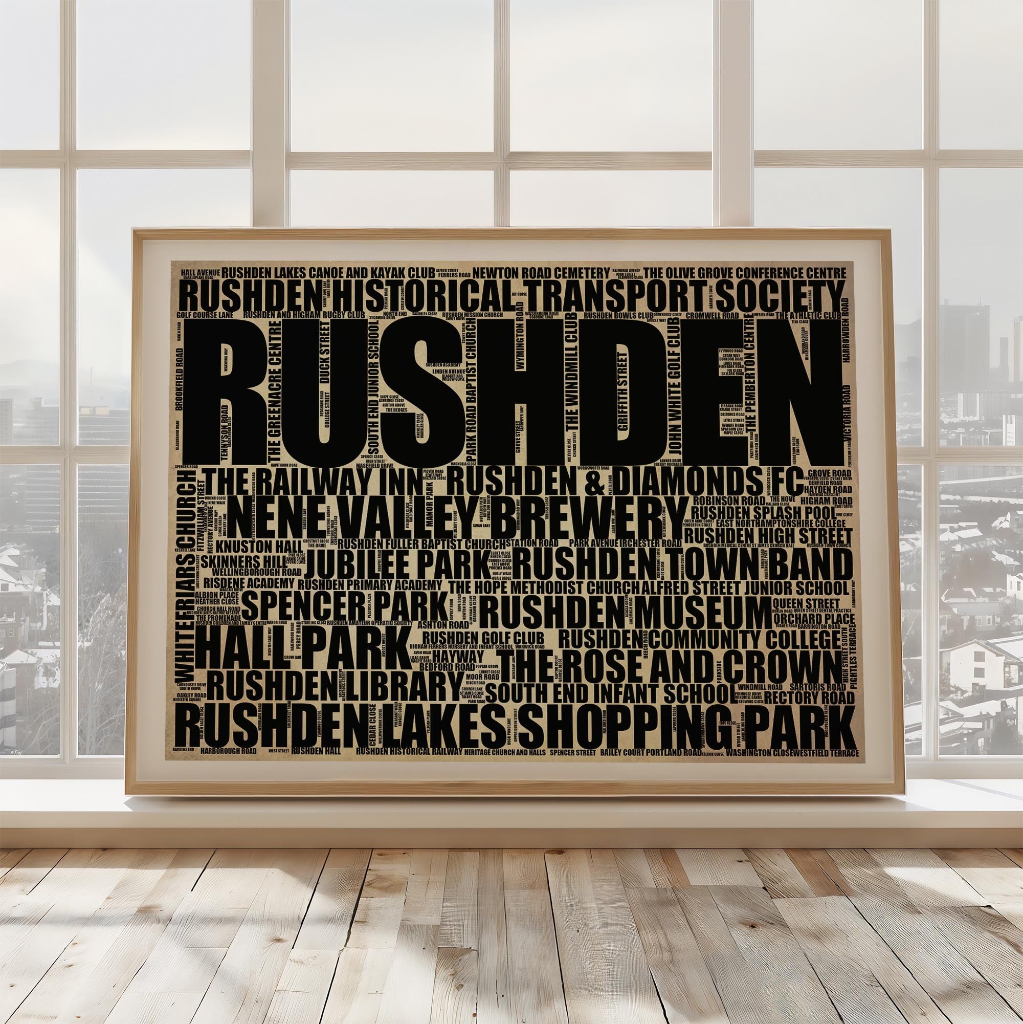 Rushden - Premium Typographic Word Cloud Prints, Posters & Gifts