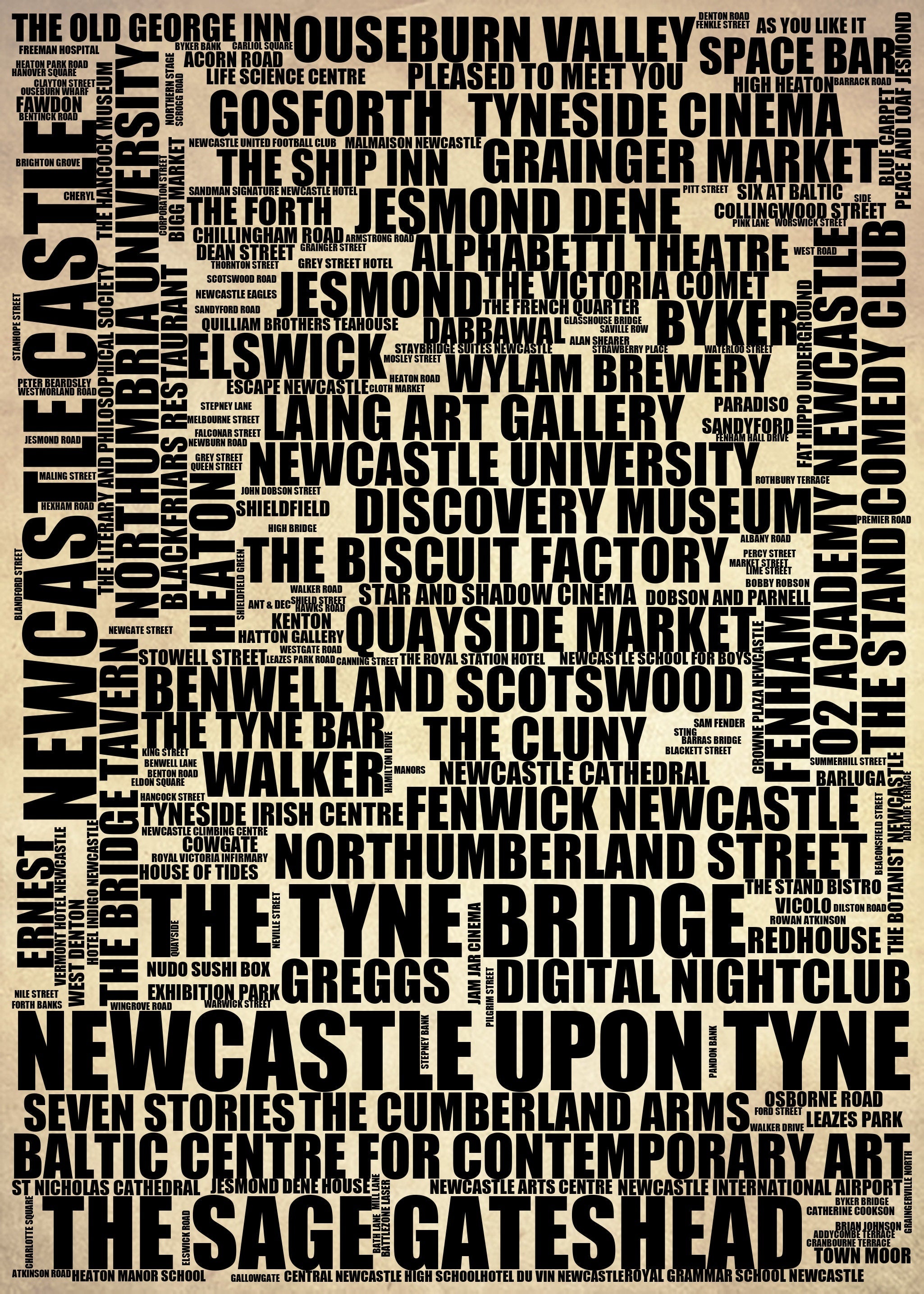 Newcastle upon Tyne - Premium Typographic Word Cloud Prints, Posters & Gifts