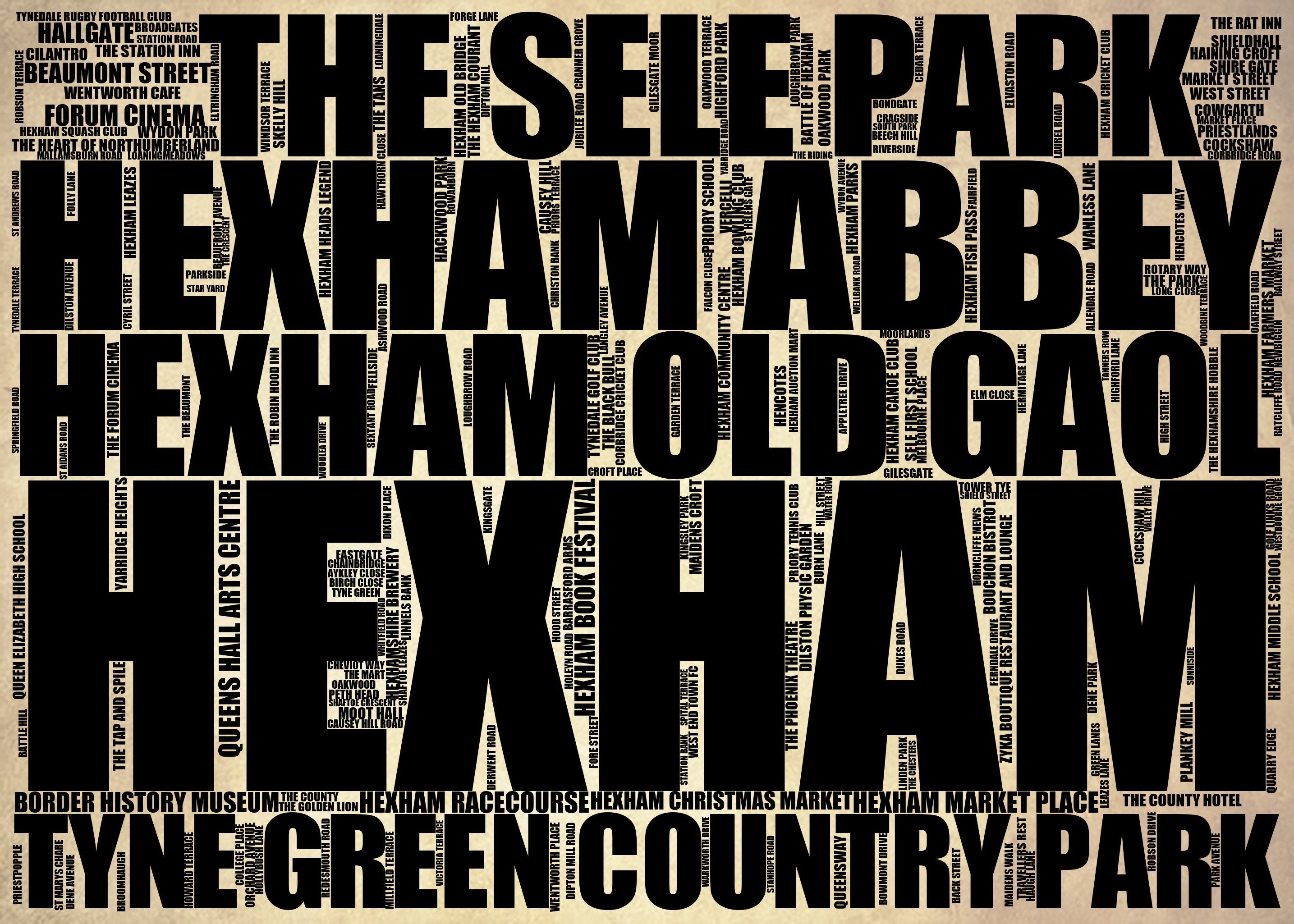 Hexham - Premium Typographic Word Cloud Prints, Posters & Gifts
