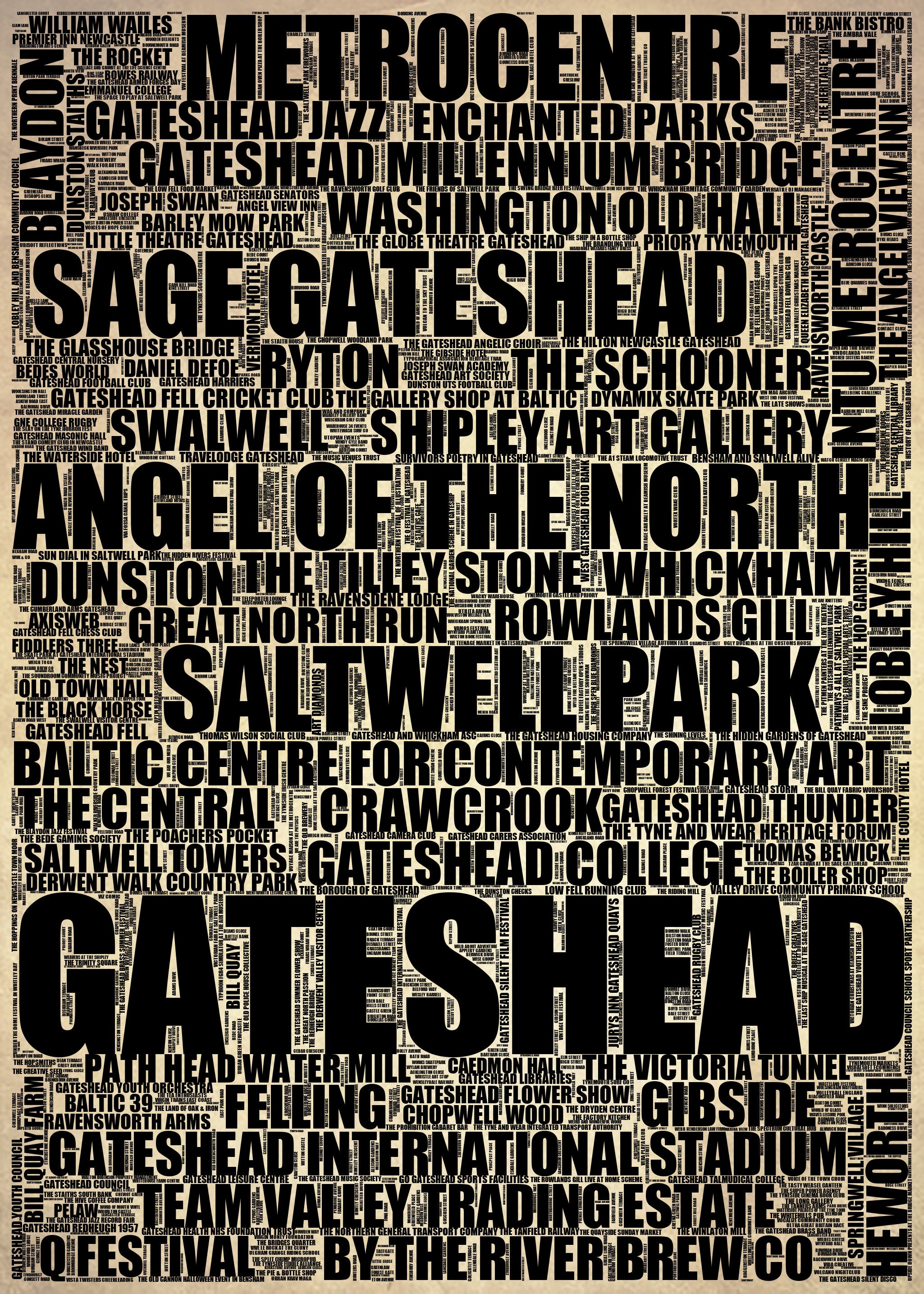 Gateshead - Premium Typographic Word Cloud Prints, Posters & Gifts