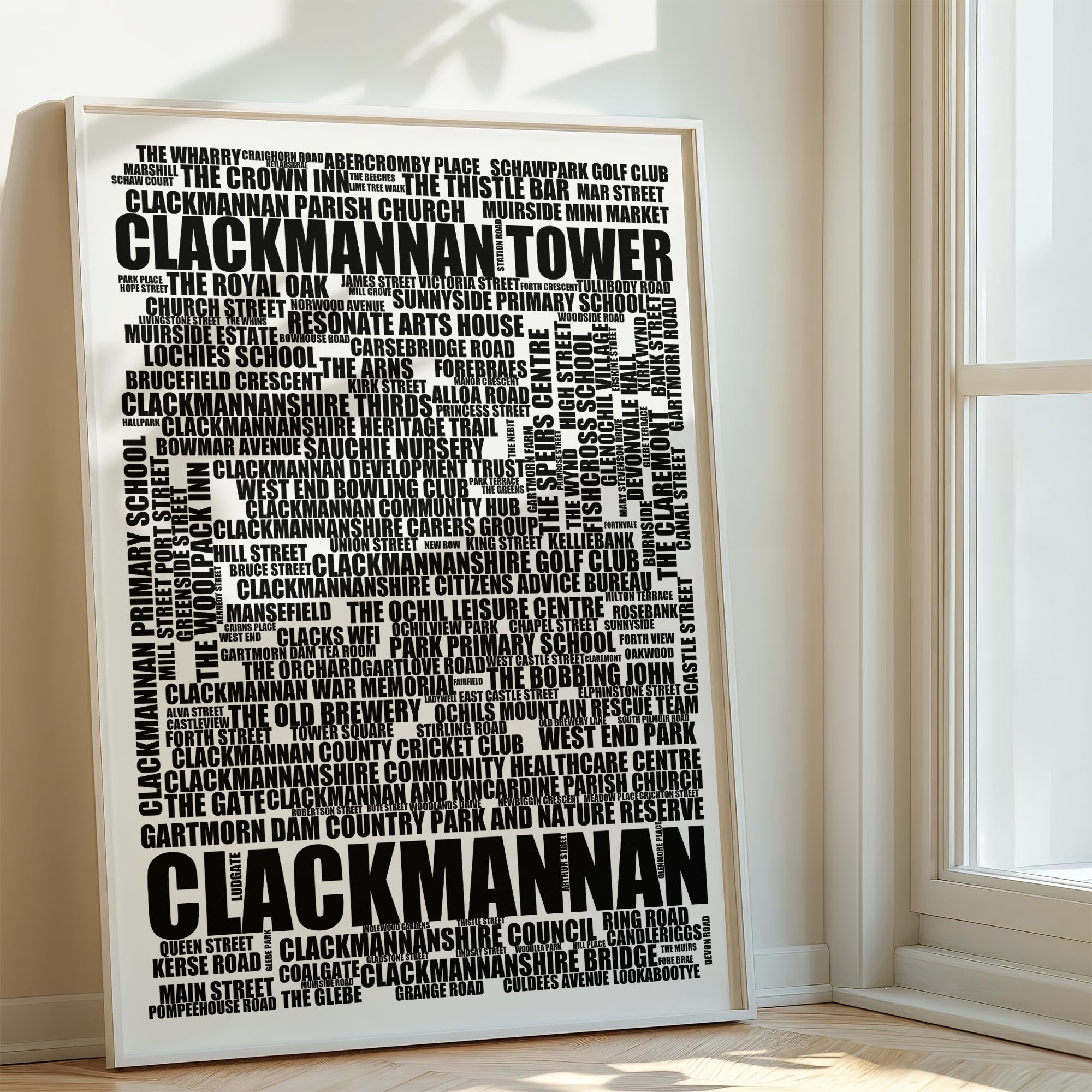 Clackmannan - Premium Typographic Word Cloud Prints, Posters & Gifts