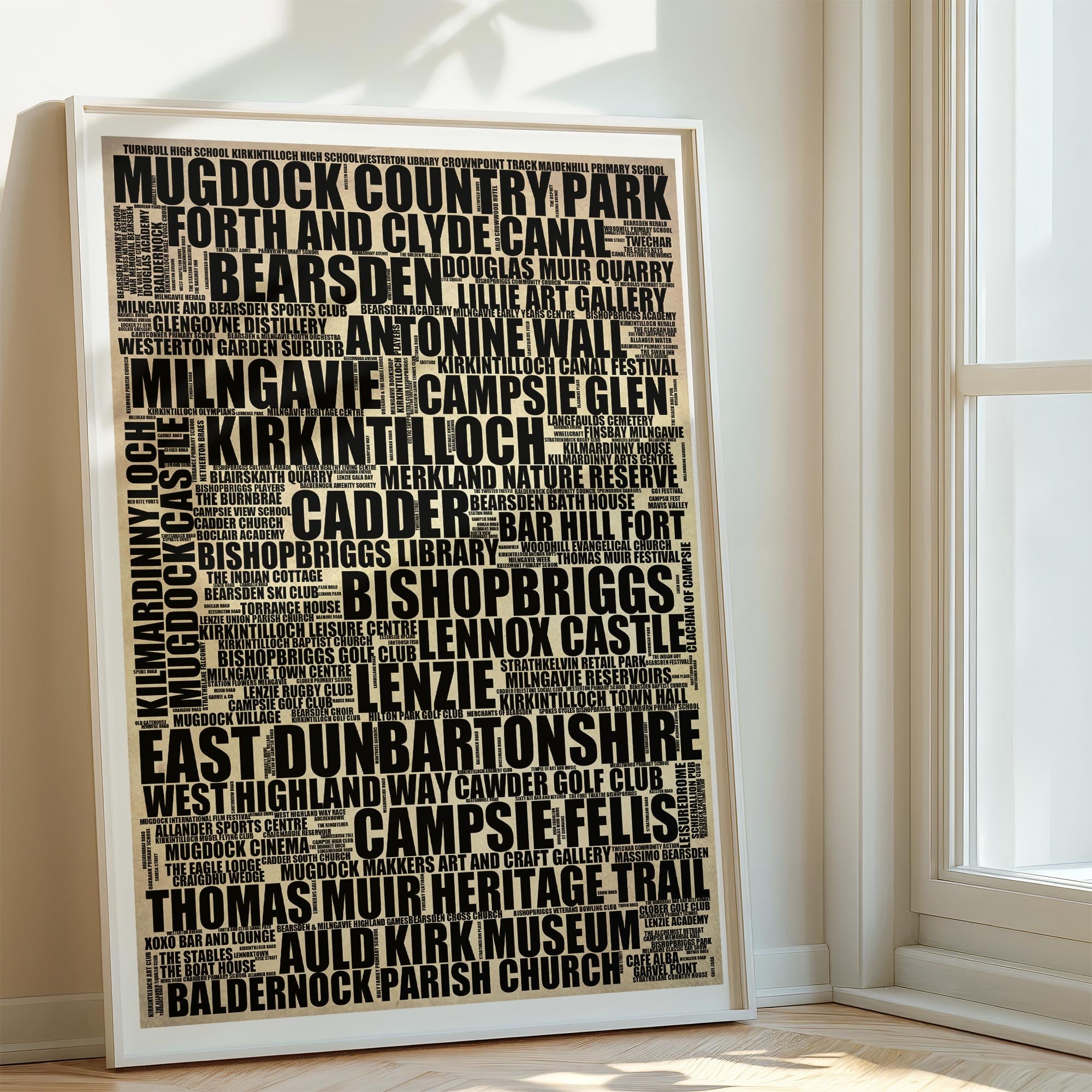 East Dunbartonshire - Premium Typographic Word Cloud Prints, Posters & Gifts