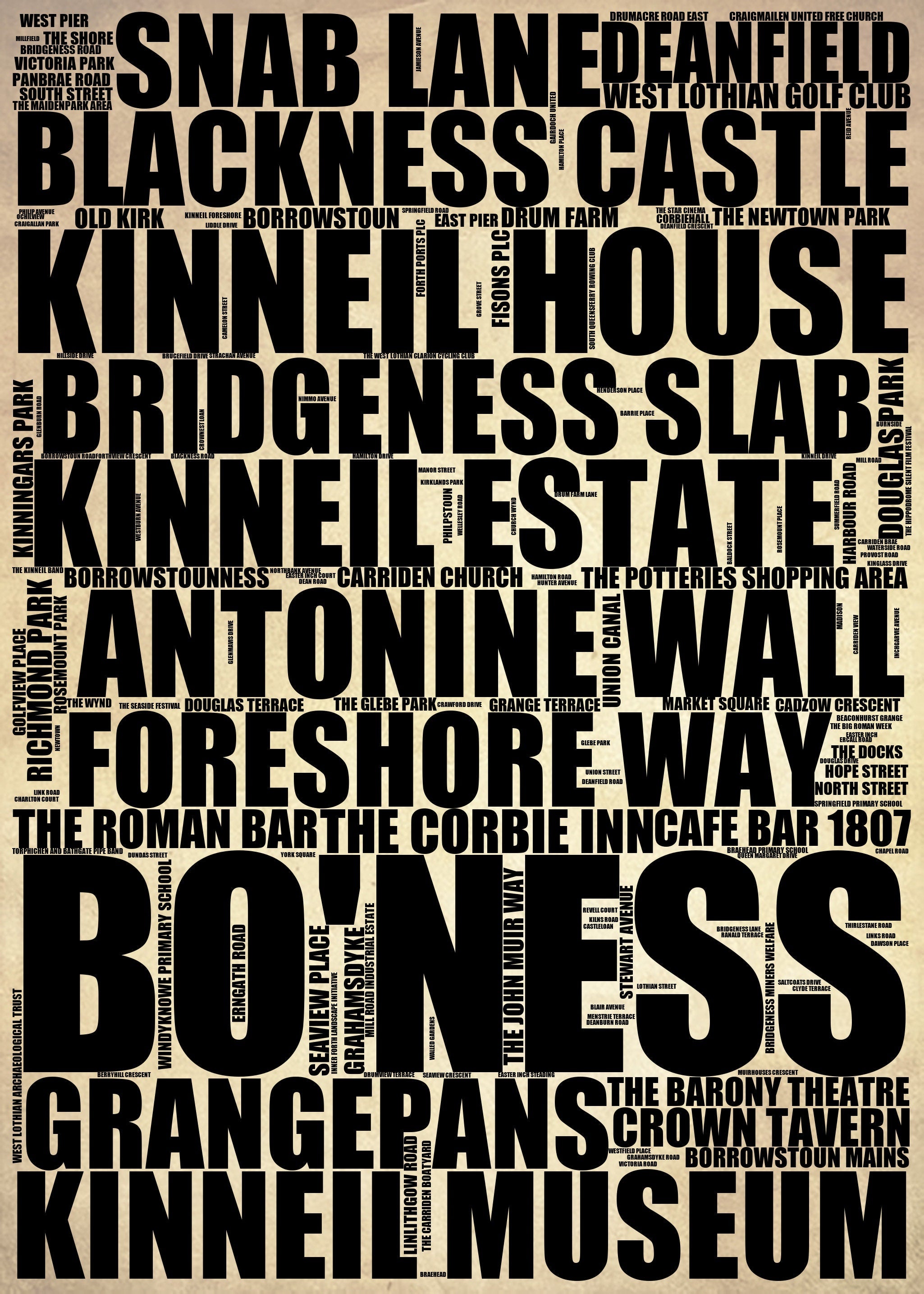 Bo'ness - Premium Typographic Word Cloud Prints, Posters & Gifts