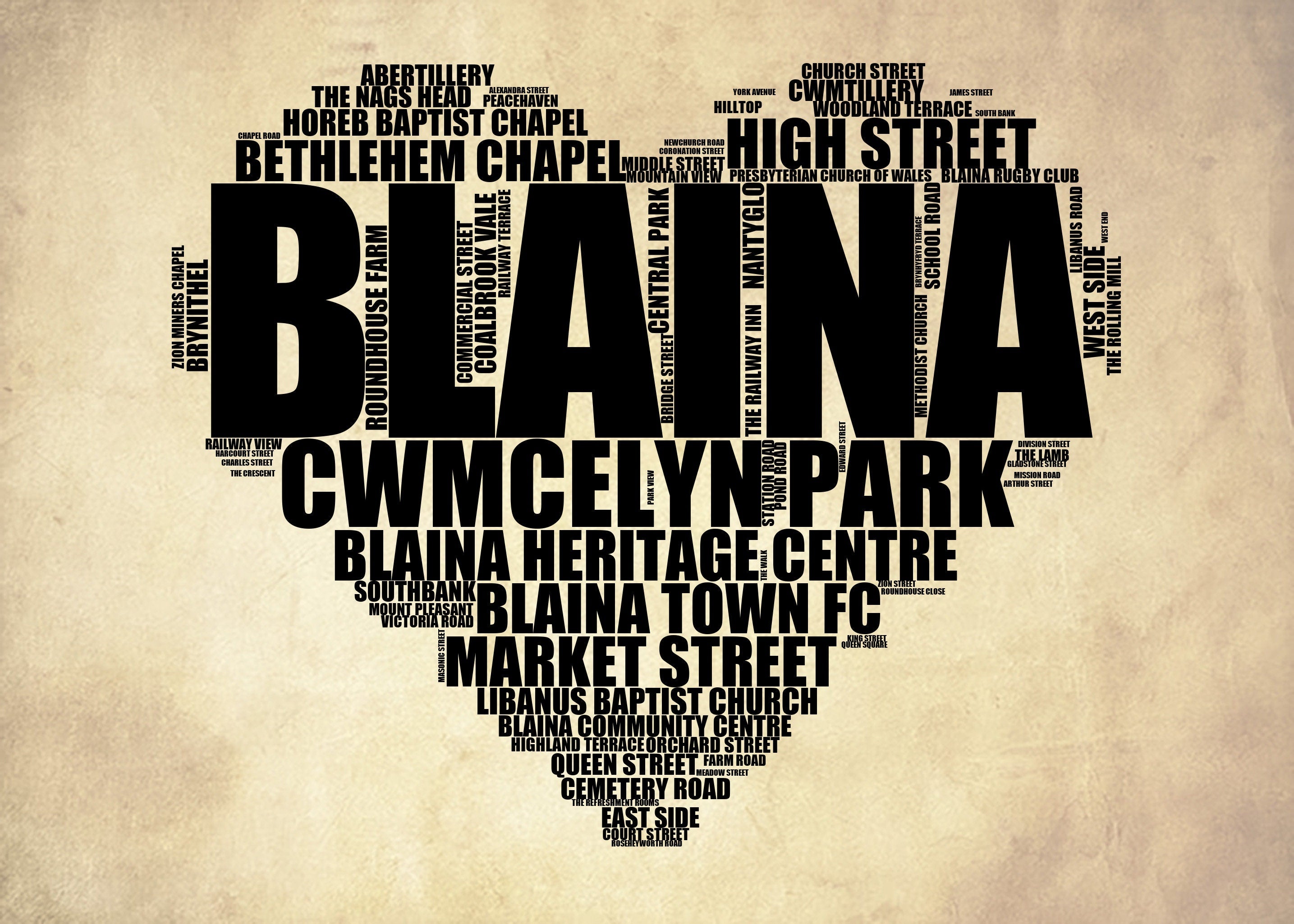 Blaina - Premium Typographic Word Cloud Prints, Posters & Gifts