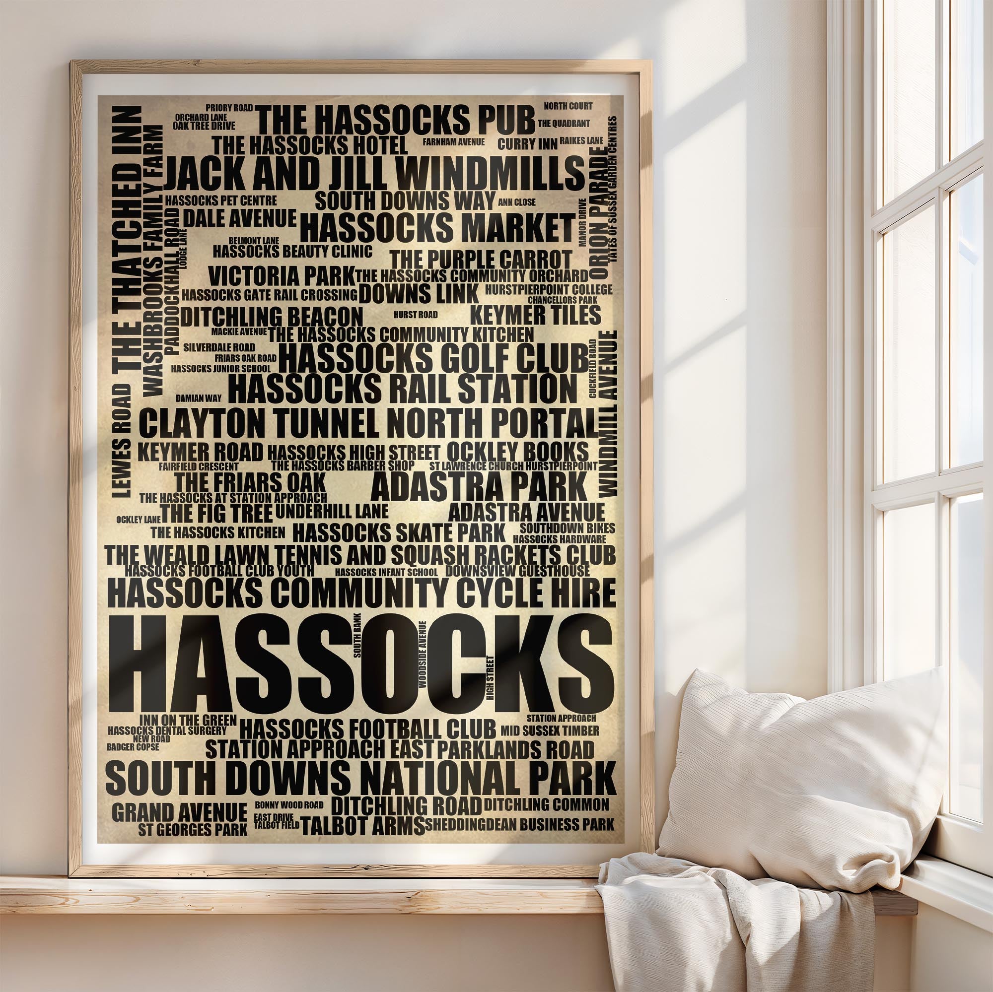 Hassocks - Premium Typographic Word Cloud Prints, Posters & Gifts