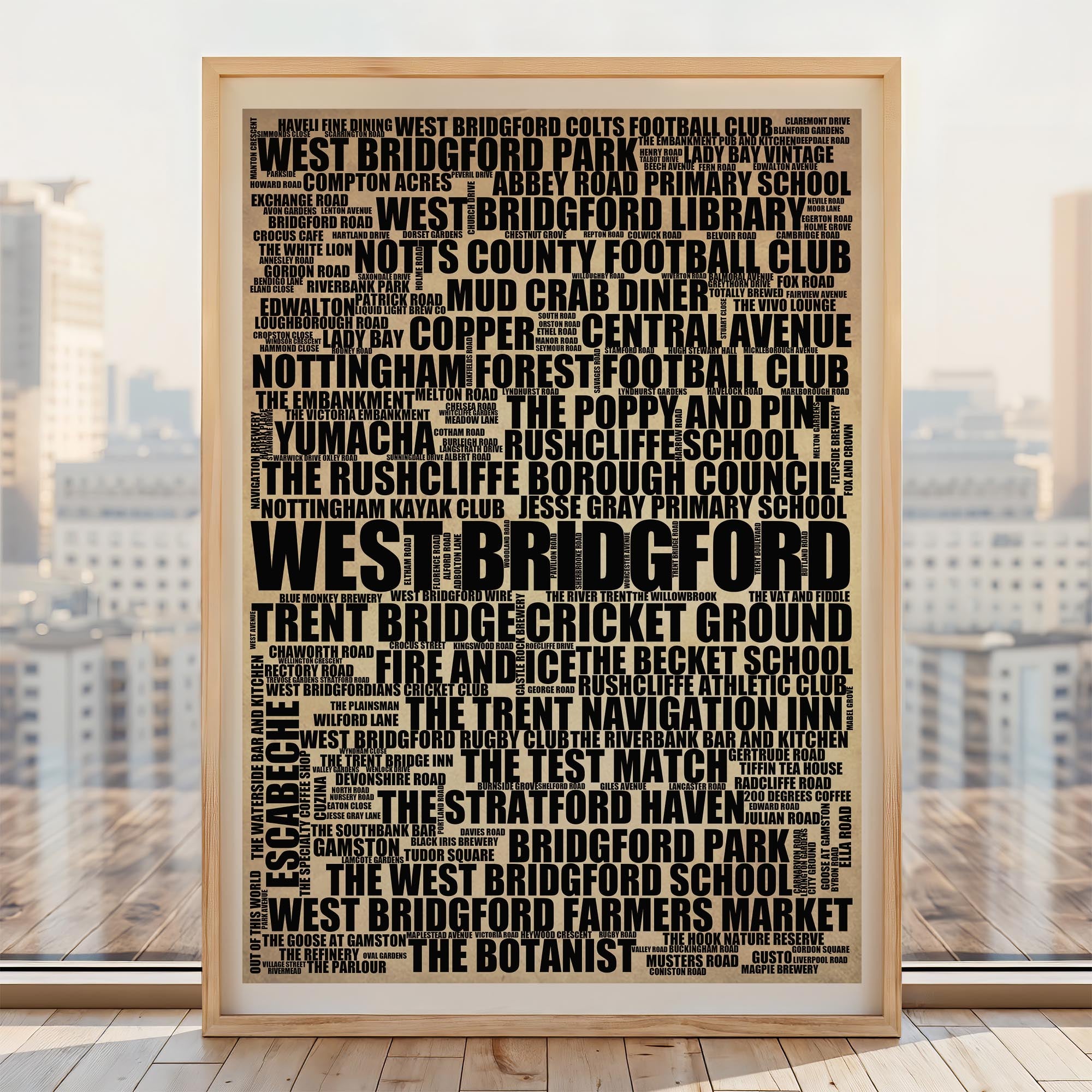 West Bridgford - Premium Typographic Word Cloud Prints, Posters & Gifts