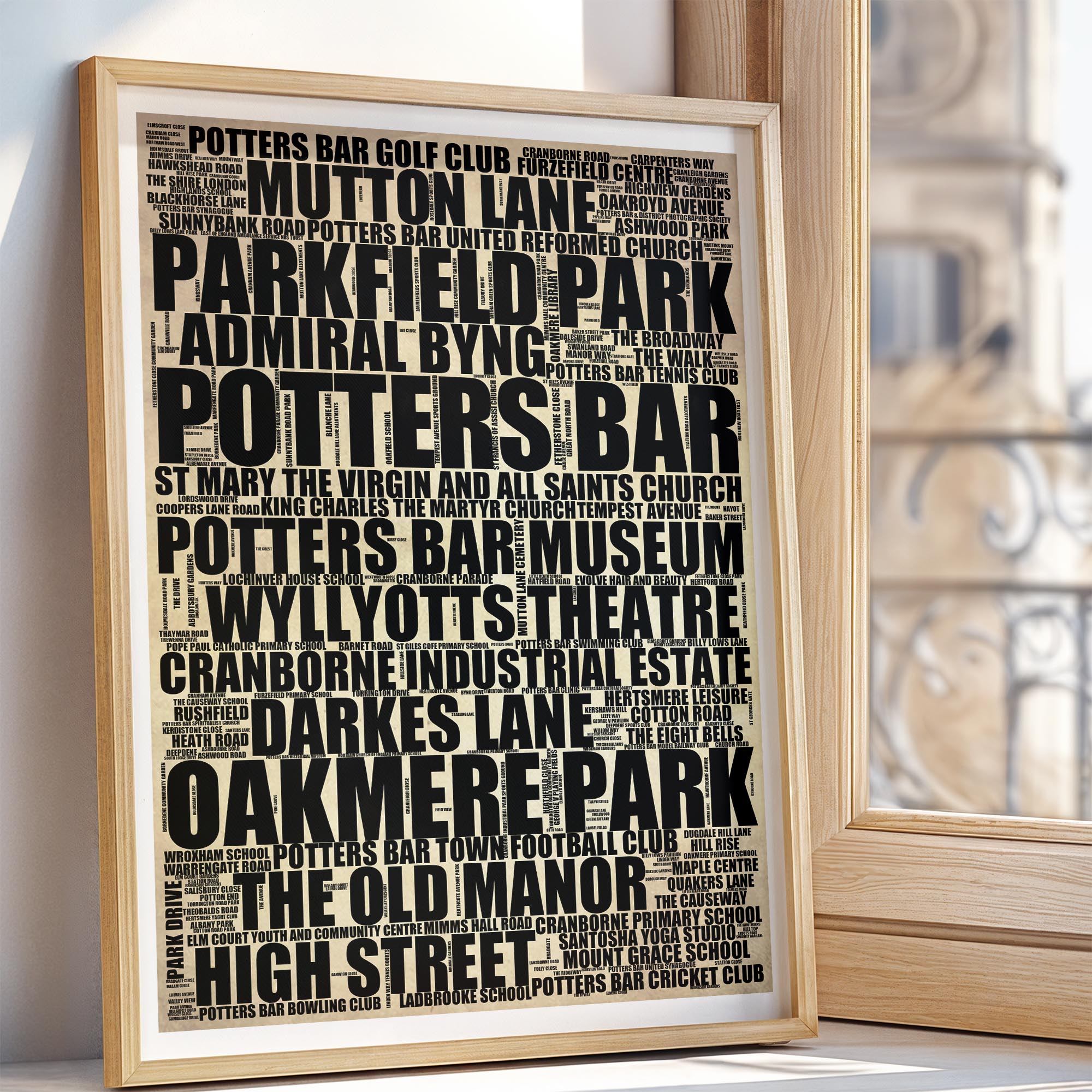 Potters Bar - Premium Typographic Word Cloud Prints, Posters & Gifts