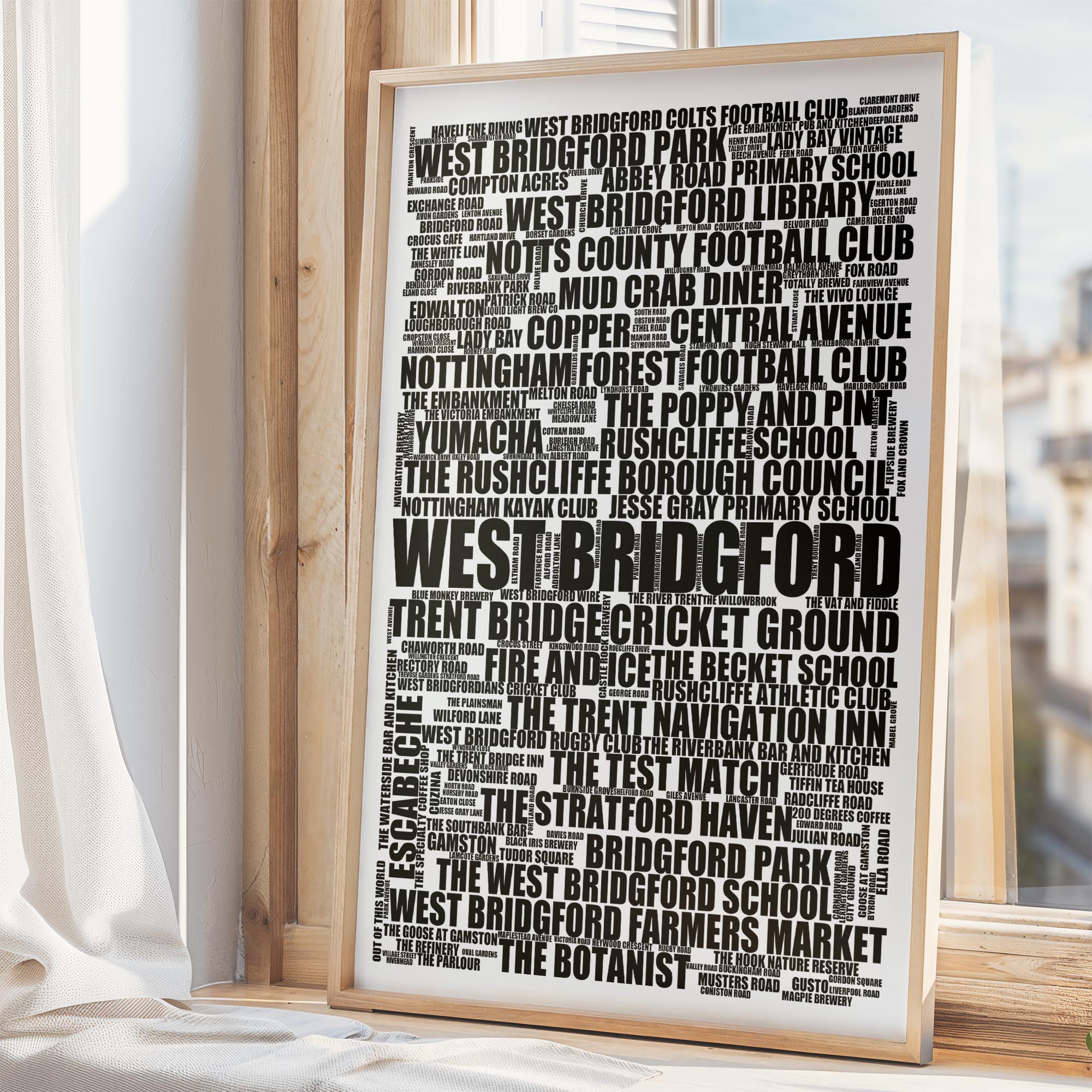 West Bridgford - Premium Typographic Word Cloud Prints, Posters & Gifts