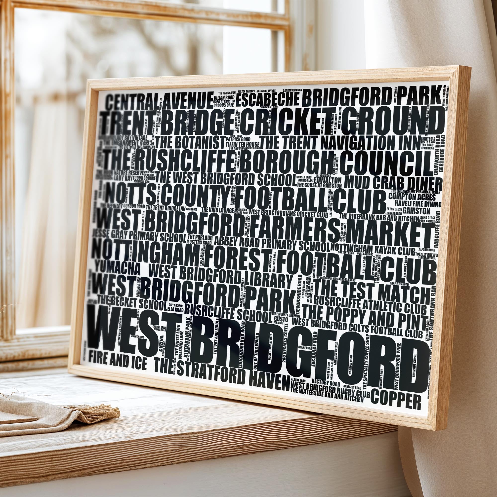 West Bridgford - Premium Typographic Word Cloud Prints, Posters & Gifts