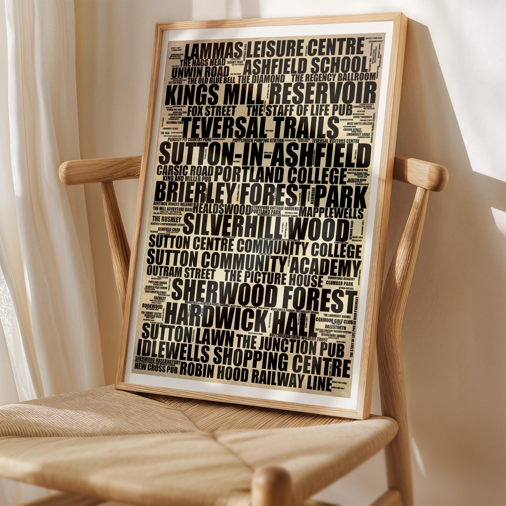 Sutton-in-Ashfield - Premium Typographic Word Cloud Prints, Posters & Gifts