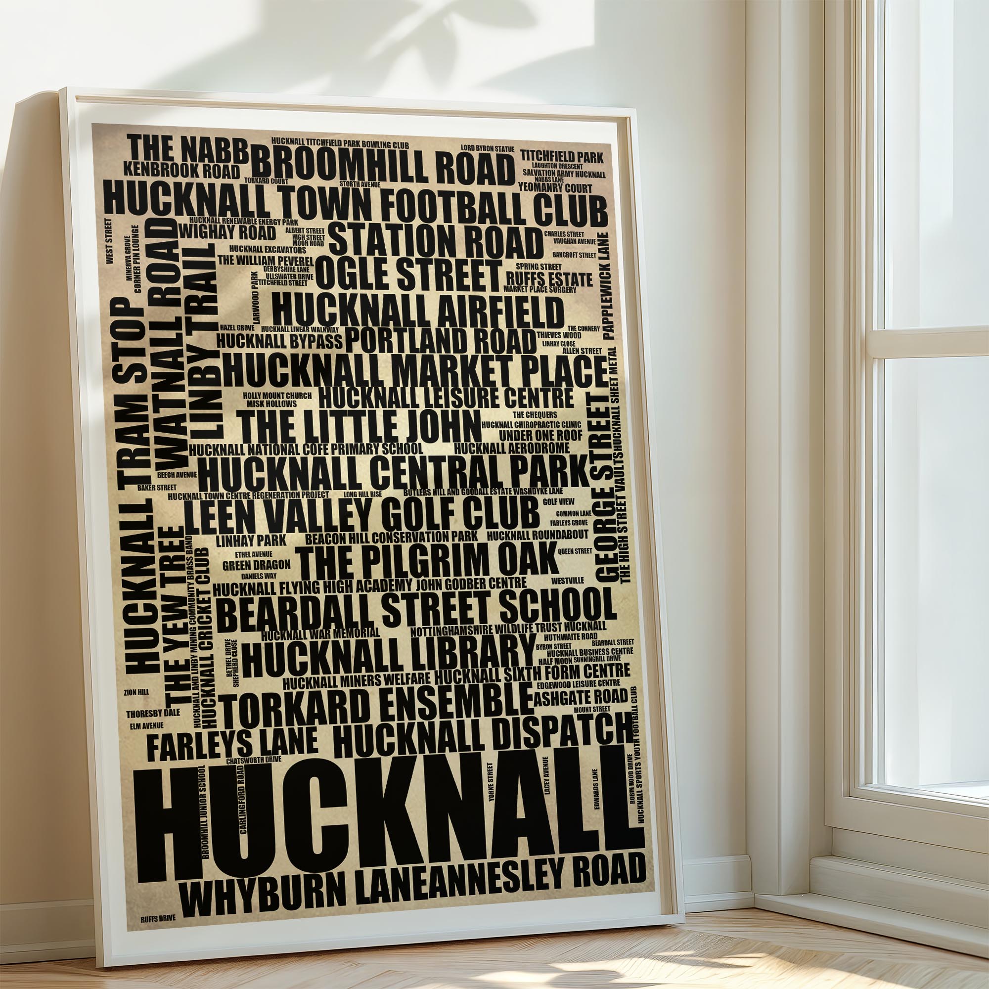 Hucknall - Premium Typographic Word Cloud Prints, Posters & Gifts