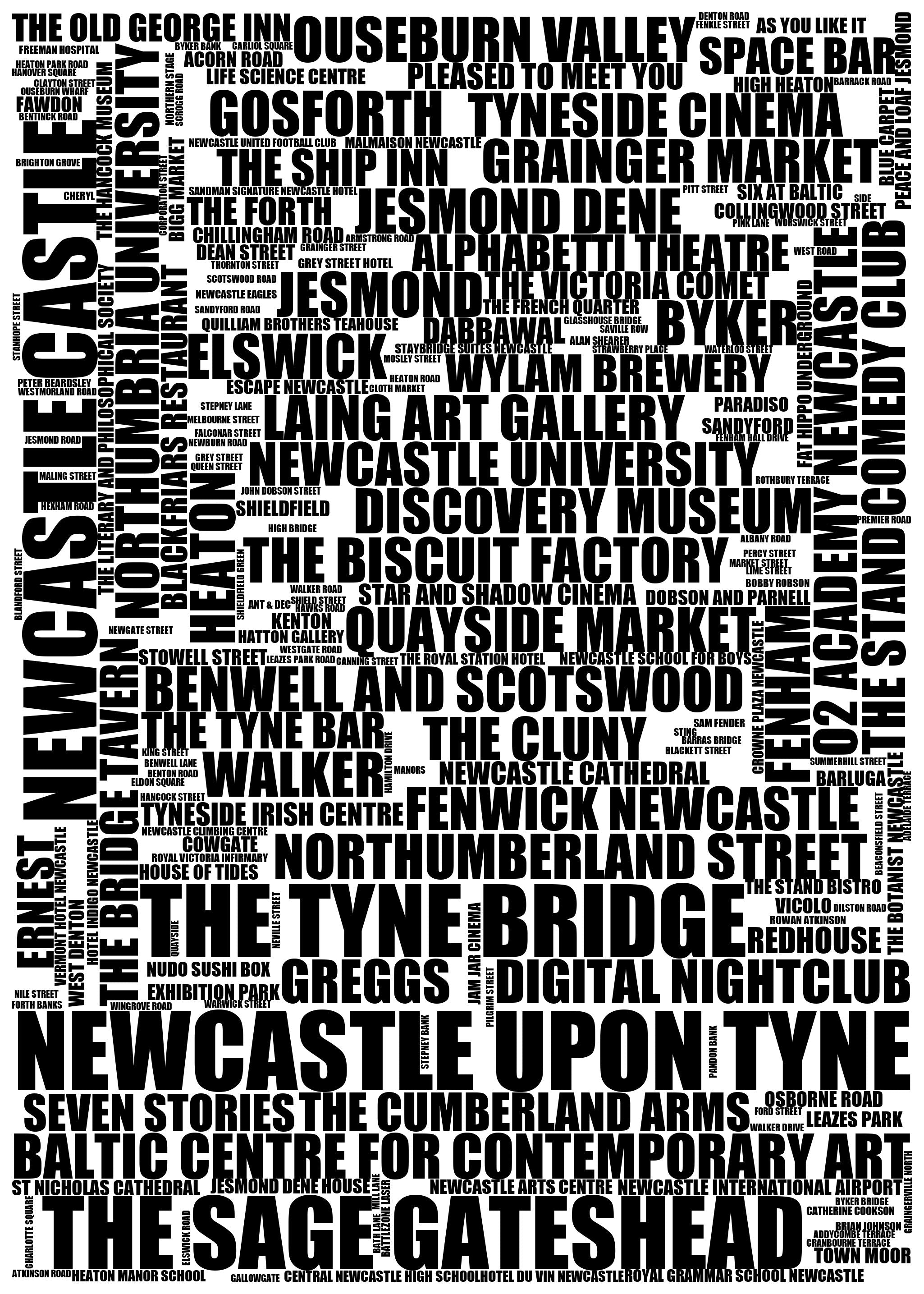 Newcastle upon Tyne - Premium Typographic Word Cloud Prints, Posters & Gifts