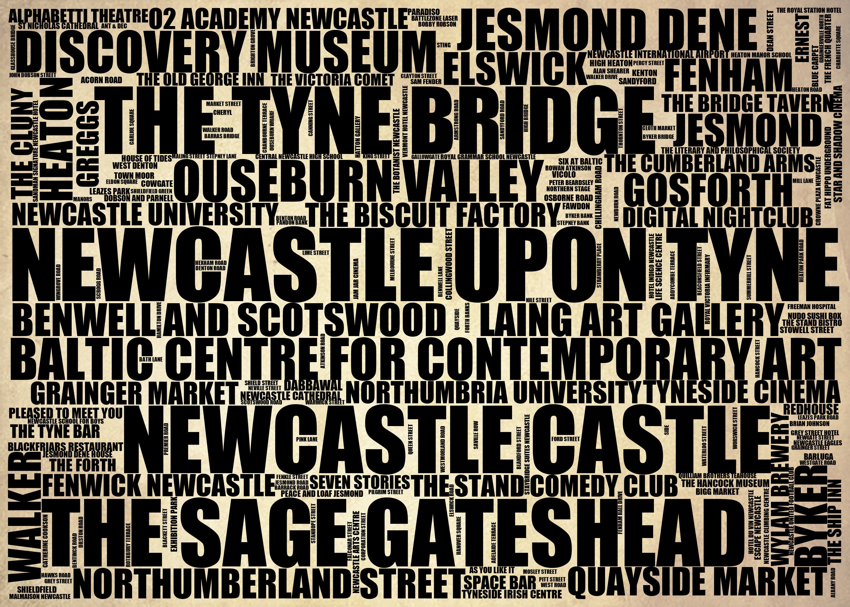 Newcastle upon Tyne - Premium Typographic Word Cloud Prints, Posters & Gifts