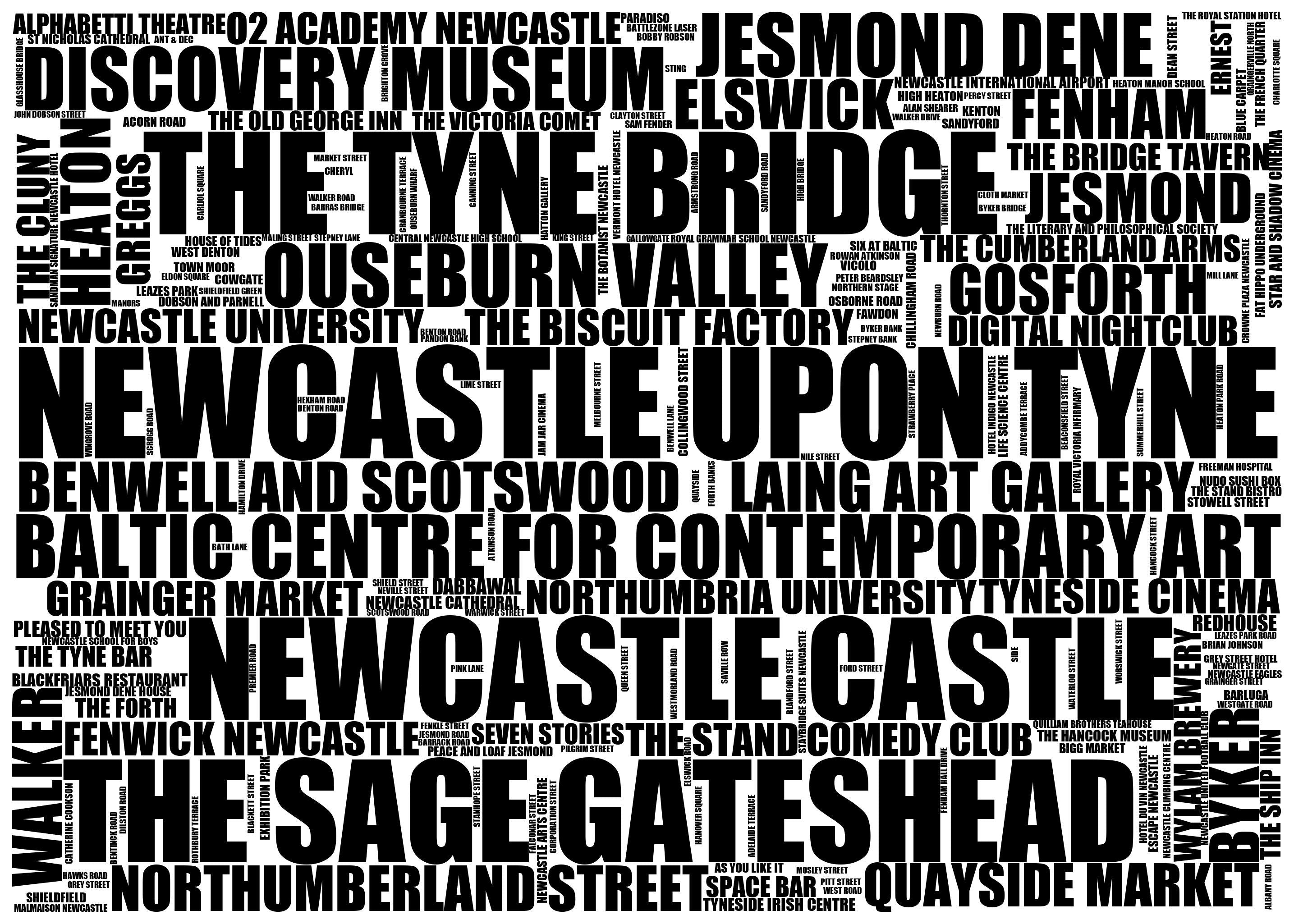 Newcastle upon Tyne - Premium Typographic Word Cloud Prints, Posters & Gifts