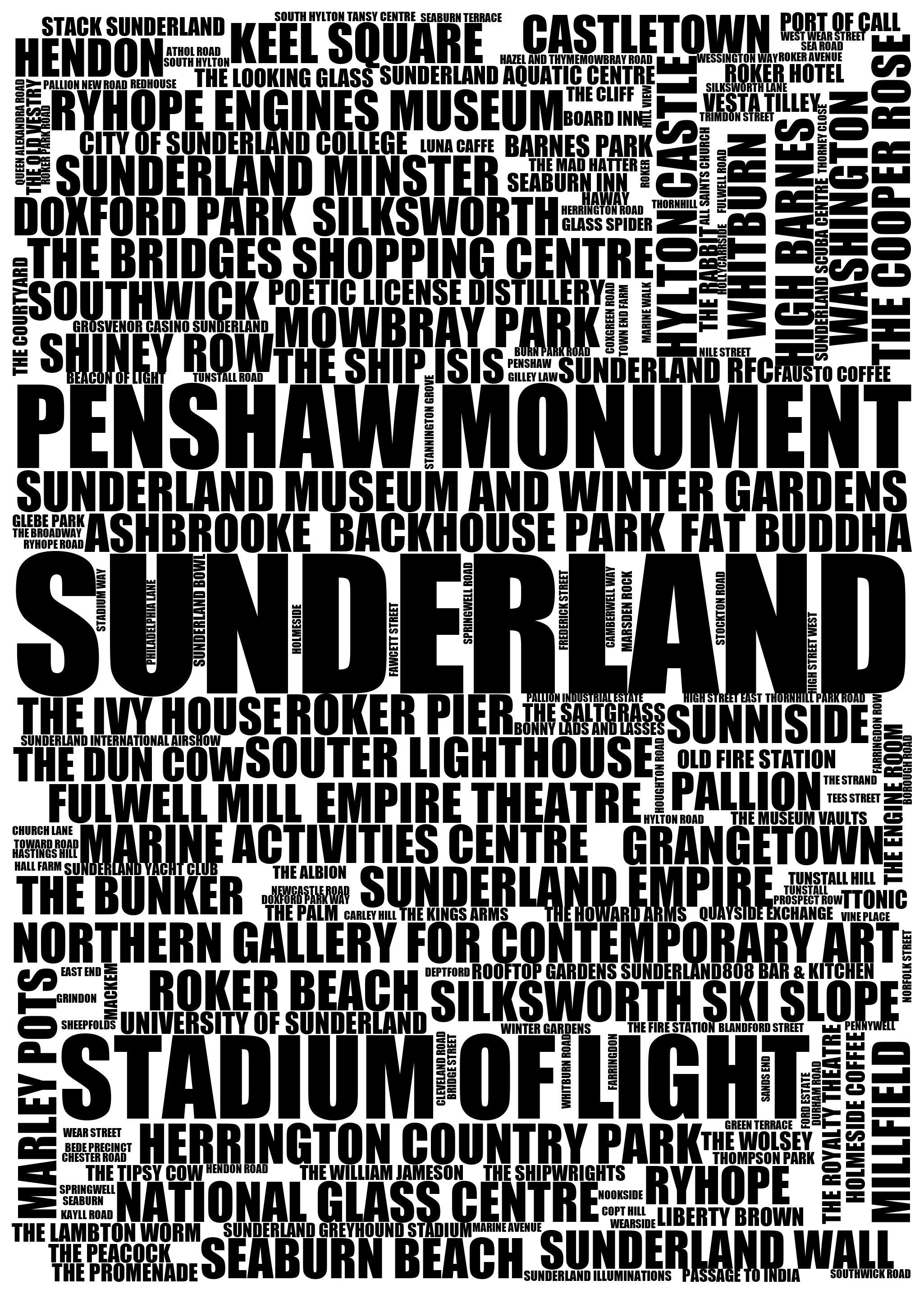 Sunderland - Premium Typographic Word Cloud Prints, Posters & Gifts