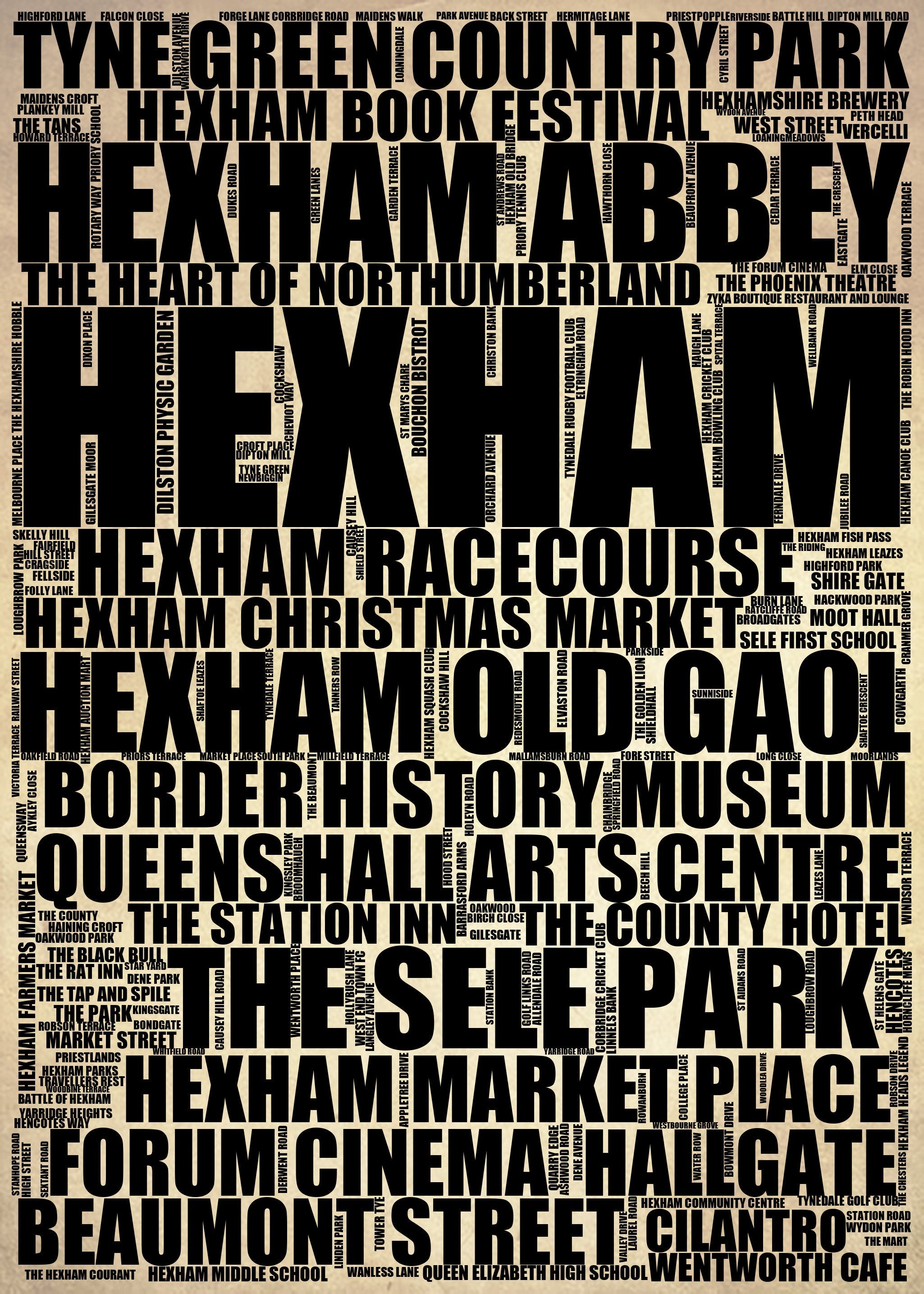 Hexham - Premium Typographic Word Cloud Prints, Posters & Gifts