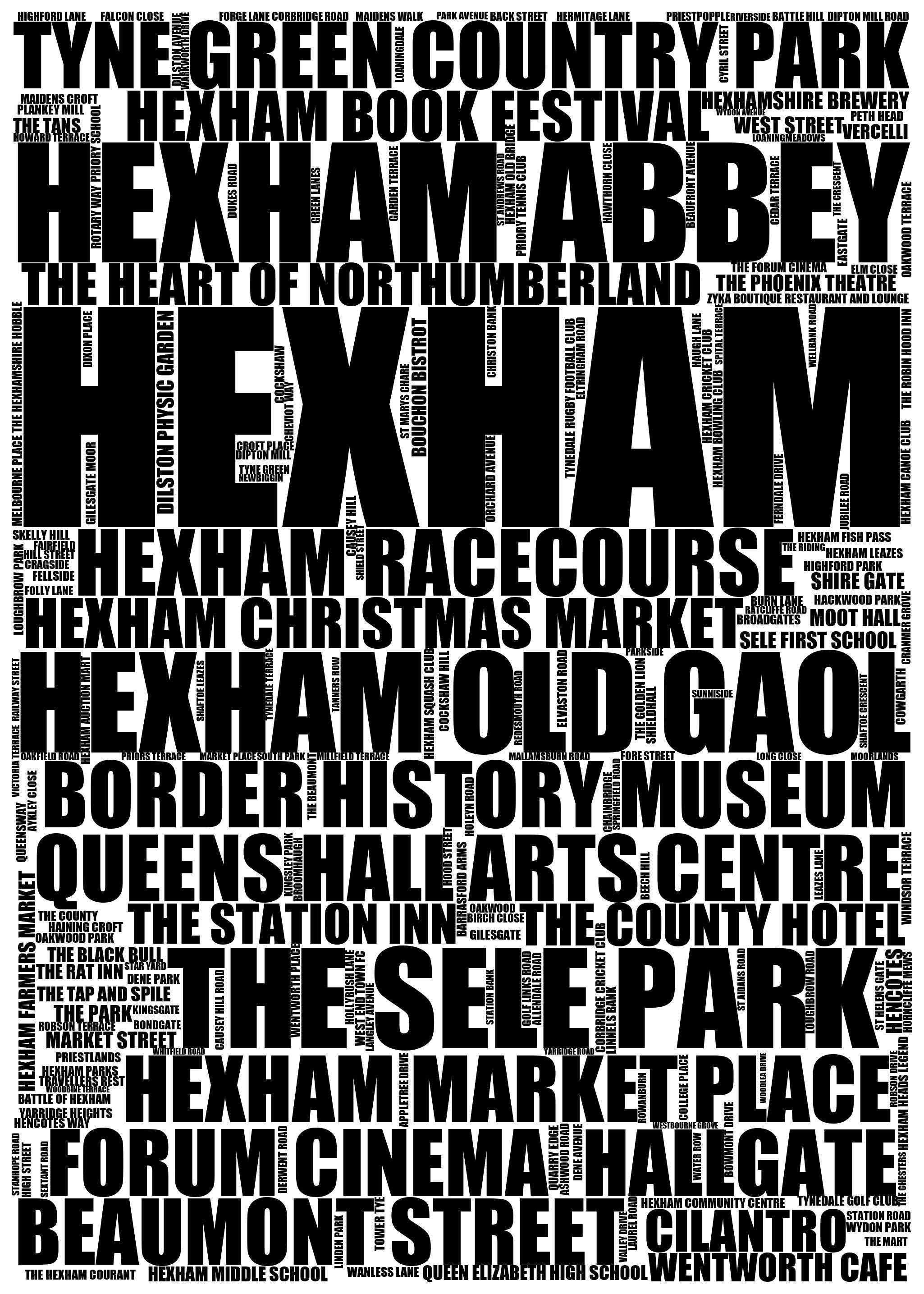 Hexham - Premium Typographic Word Cloud Prints, Posters & Gifts