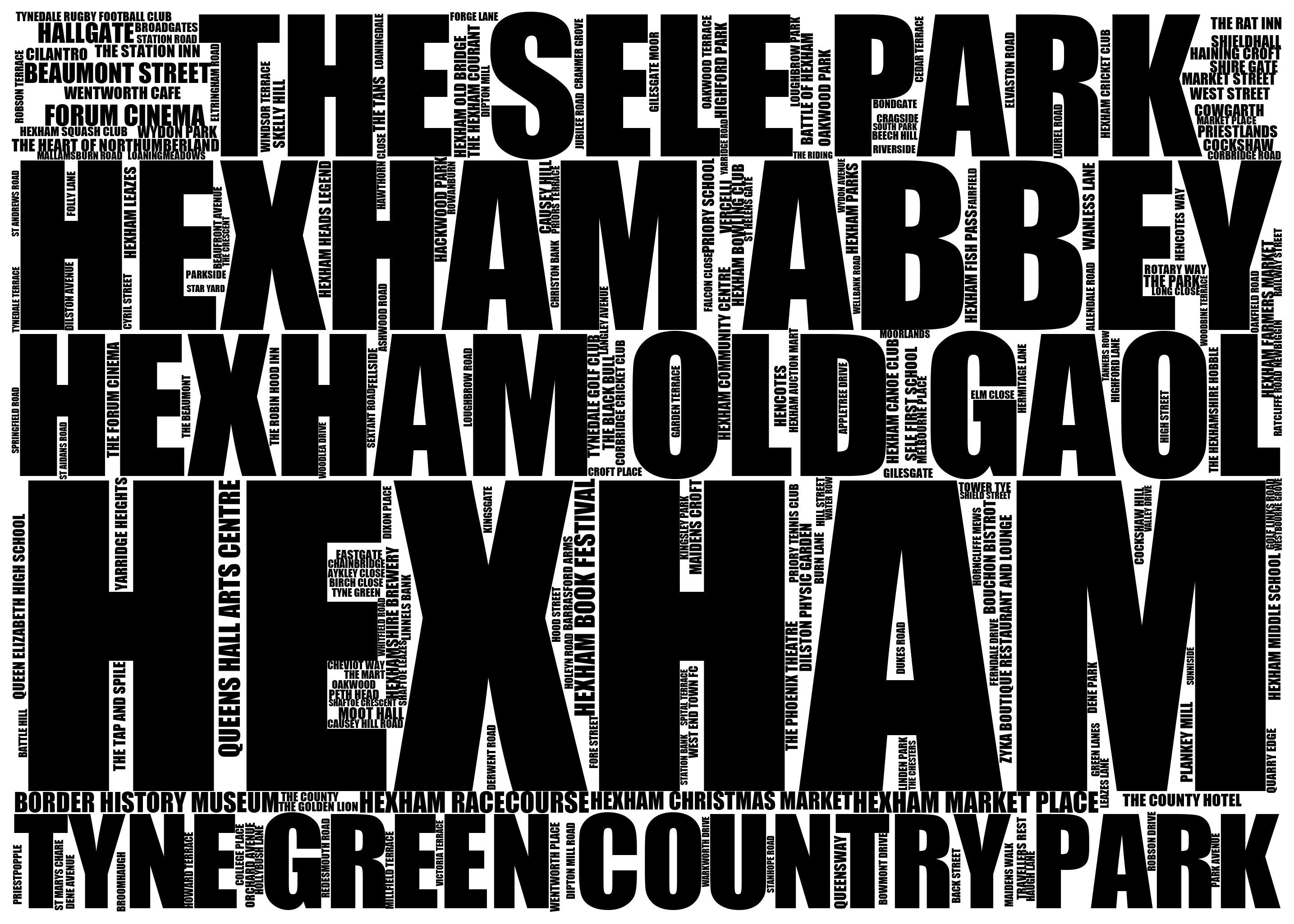 Hexham - Premium Typographic Word Cloud Prints, Posters & Gifts