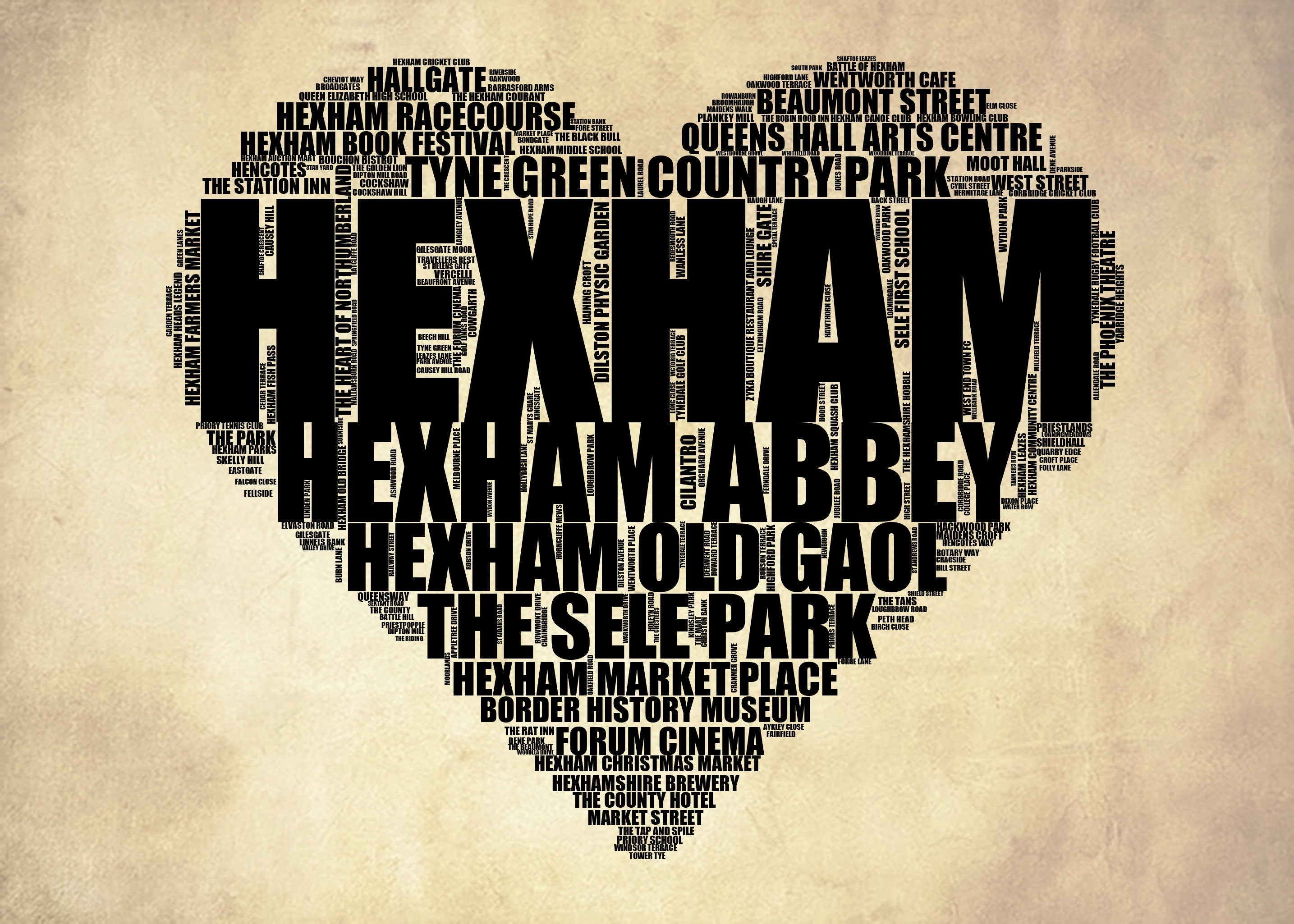Hexham - Premium Typographic Word Cloud Prints, Posters & Gifts