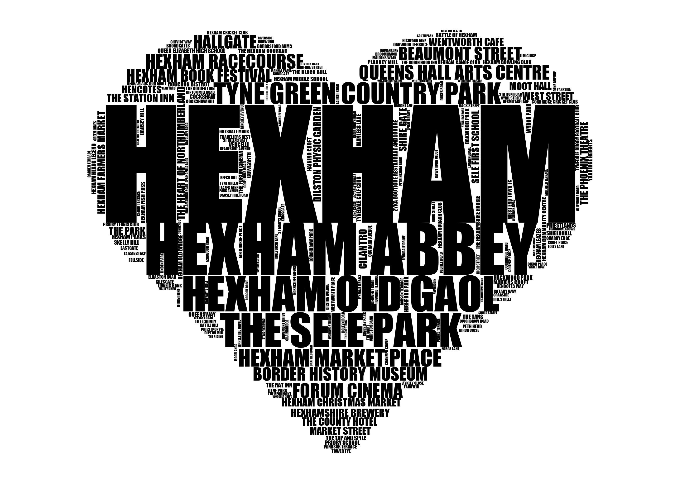 Hexham - Premium Typographic Word Cloud Prints, Posters & Gifts