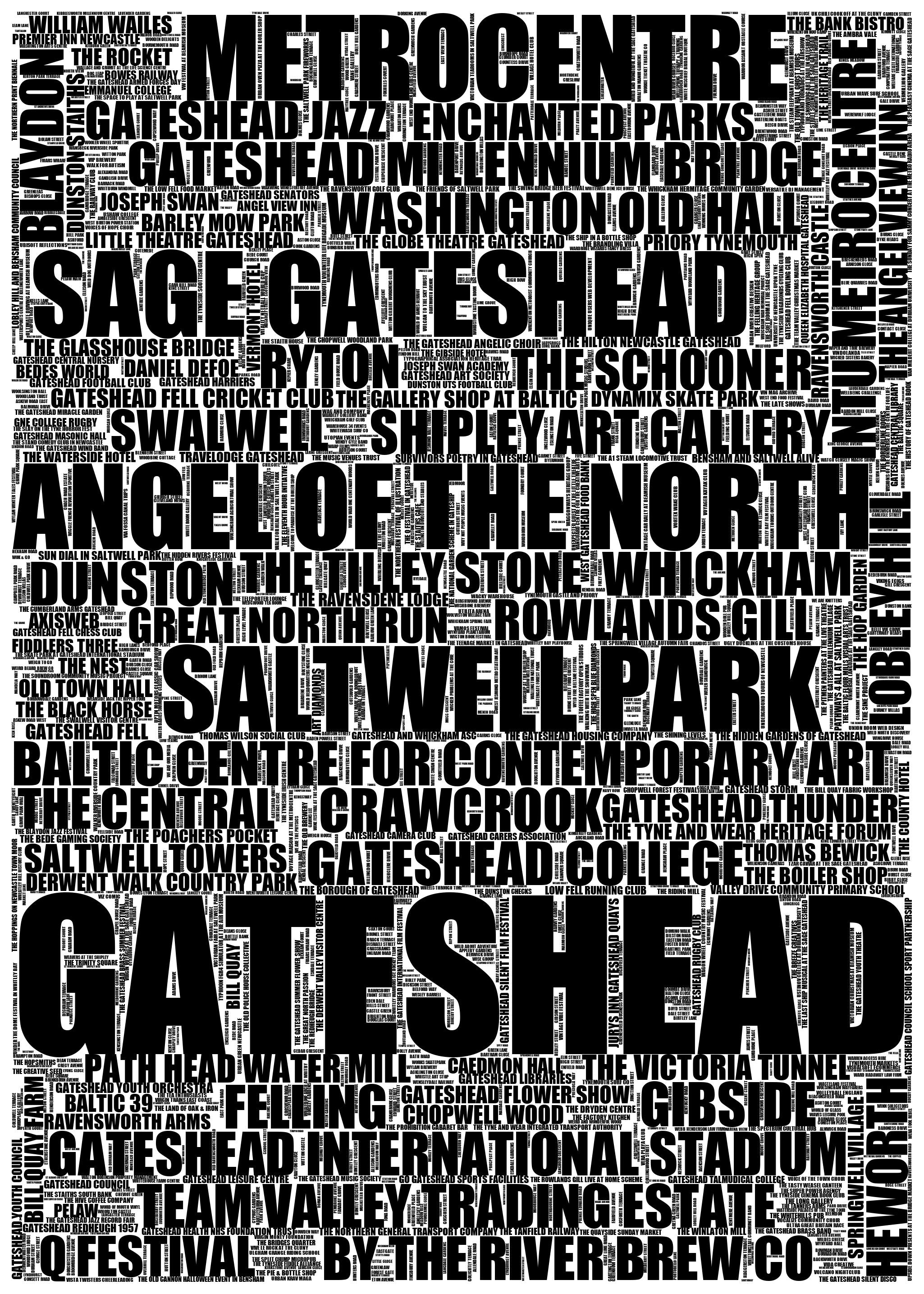 Gateshead - Premium Typographic Word Cloud Prints, Posters & Gifts