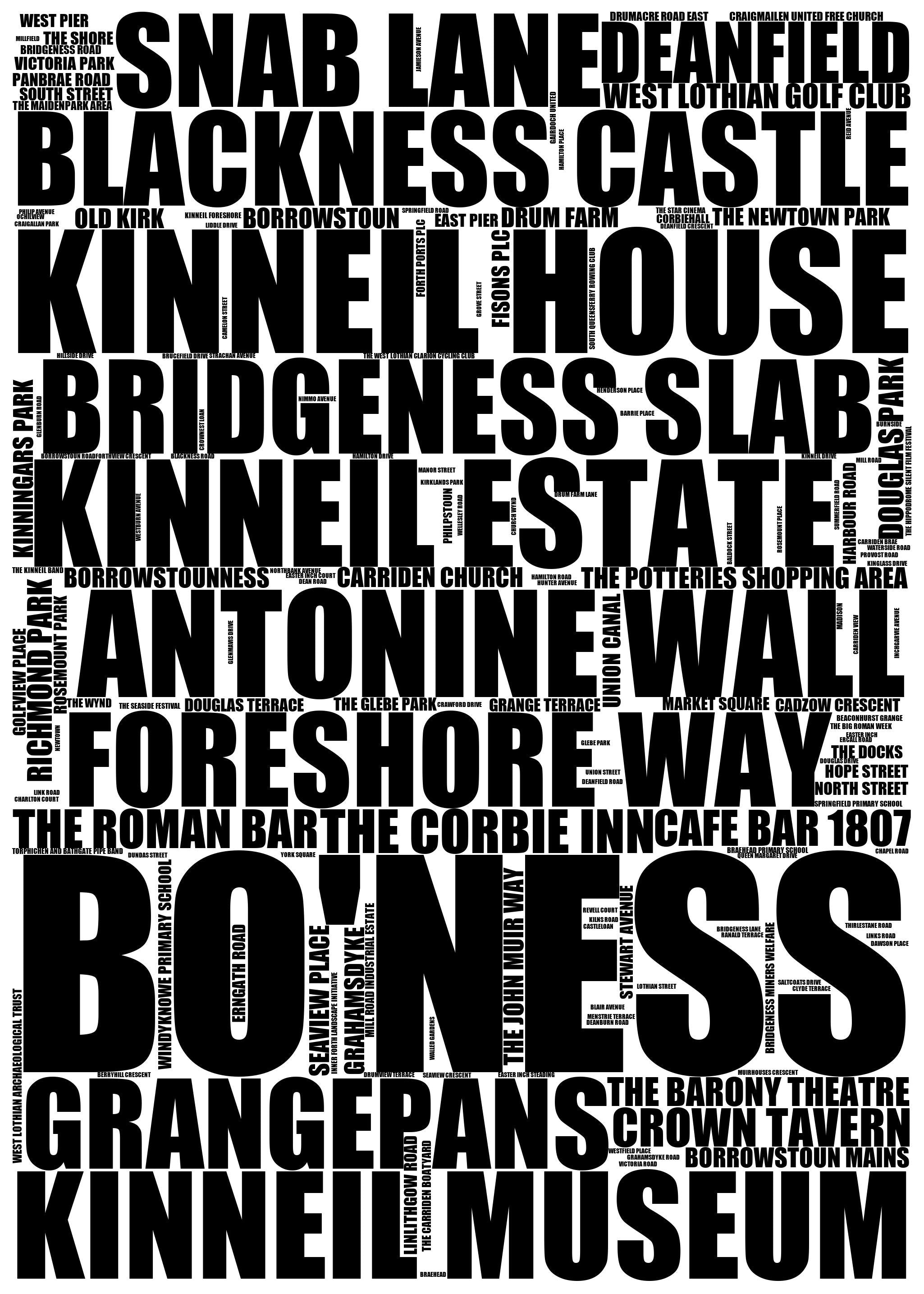 Bo'ness - Premium Typographic Word Cloud Prints, Posters & Gifts