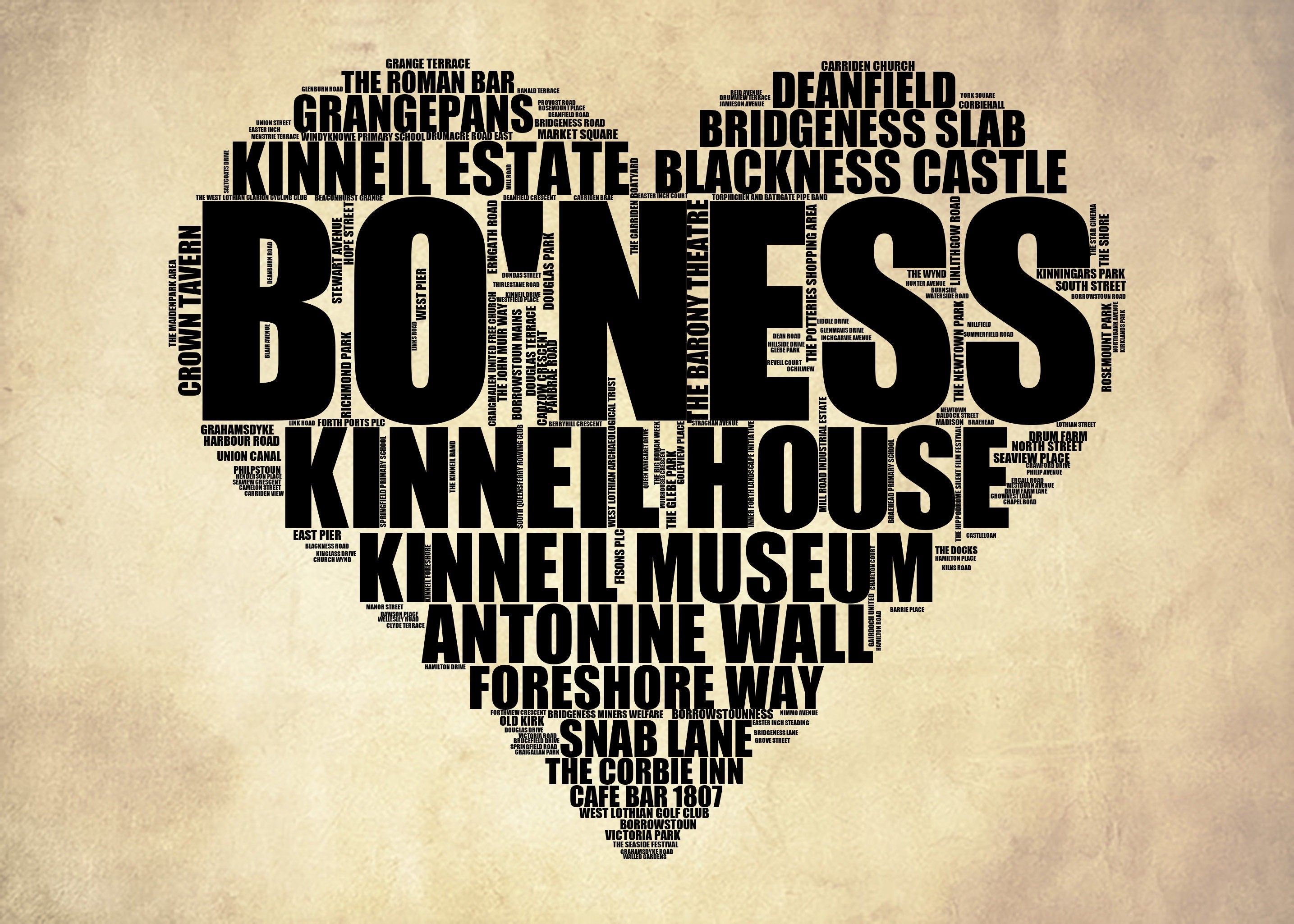 Bo'ness - Premium Typographic Word Cloud Prints, Posters & Gifts