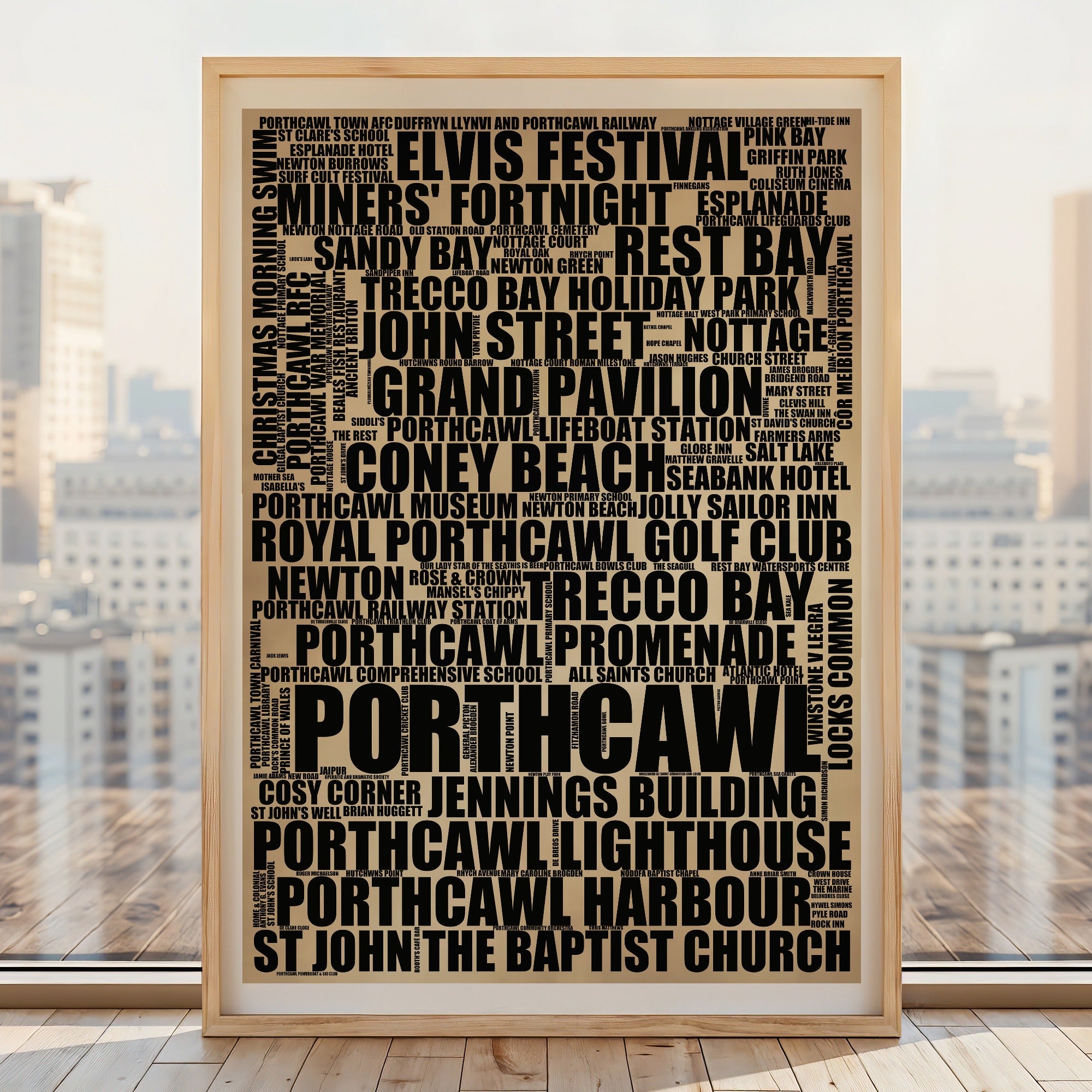 Porthcawl word art print, rustic portrait, typographic Porthcawl wall art in a light wood frame