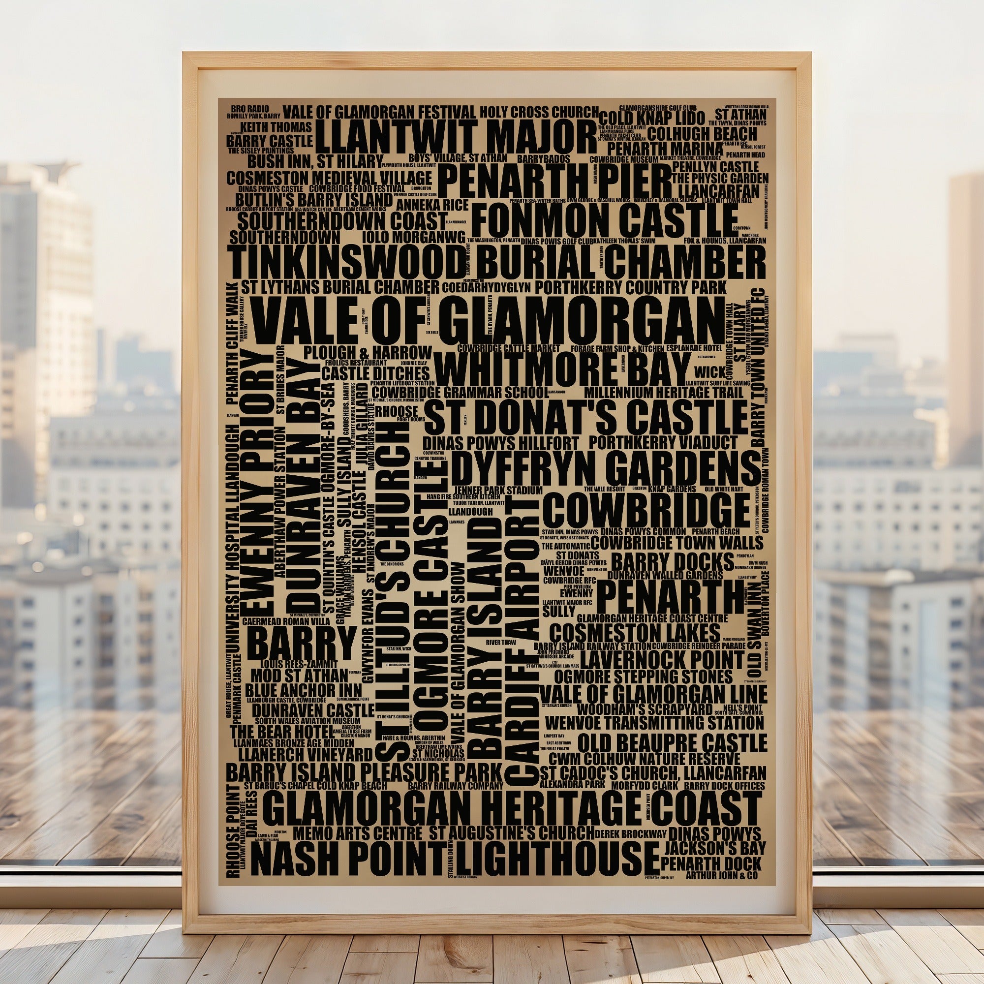 Vale Of Glamorgan word art print, rustic portrait, typographic Vale Of Glamorgan wall art in a light wood frame