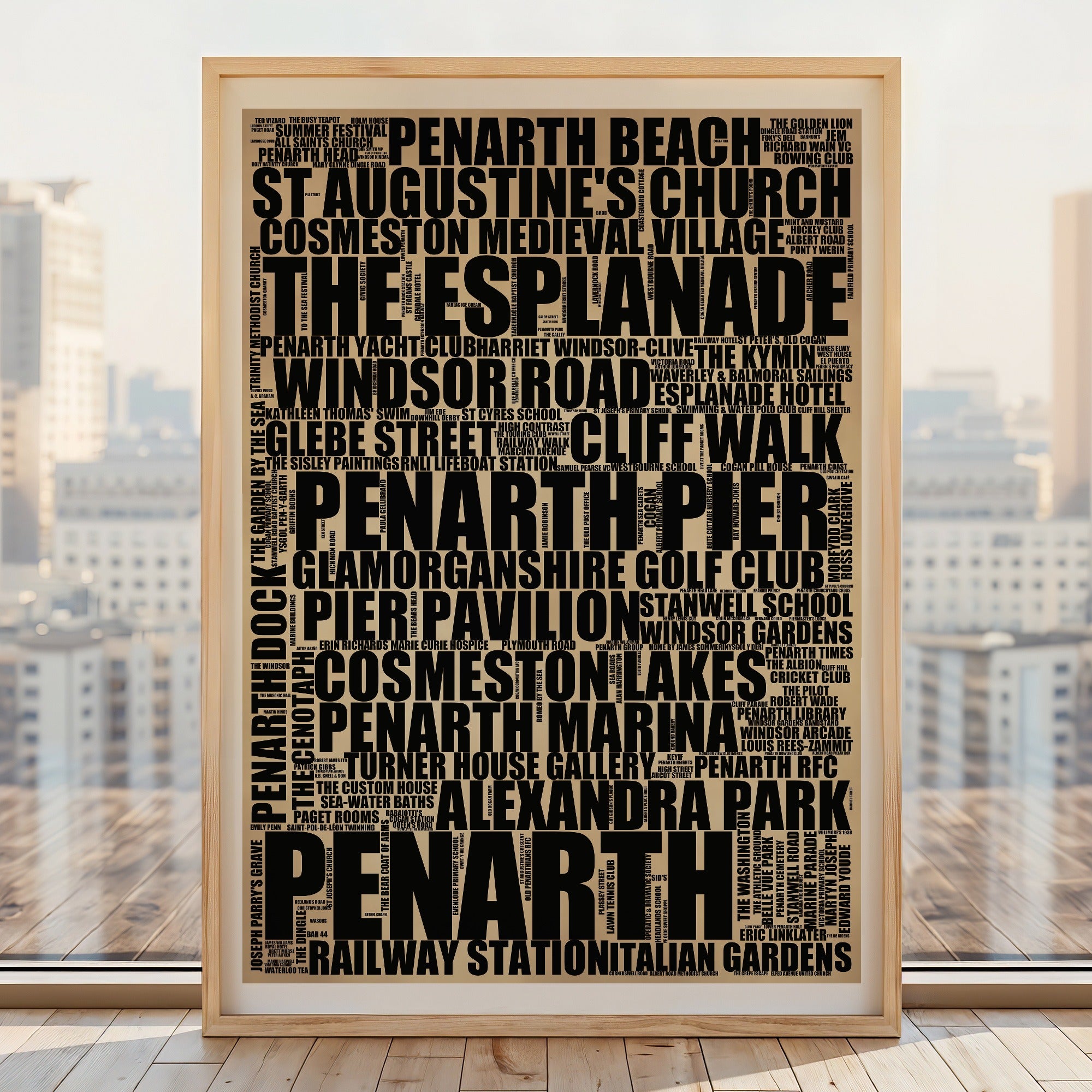 Penarth word art print, rustic portrait, typographic Penarth wall art in a light wood frame